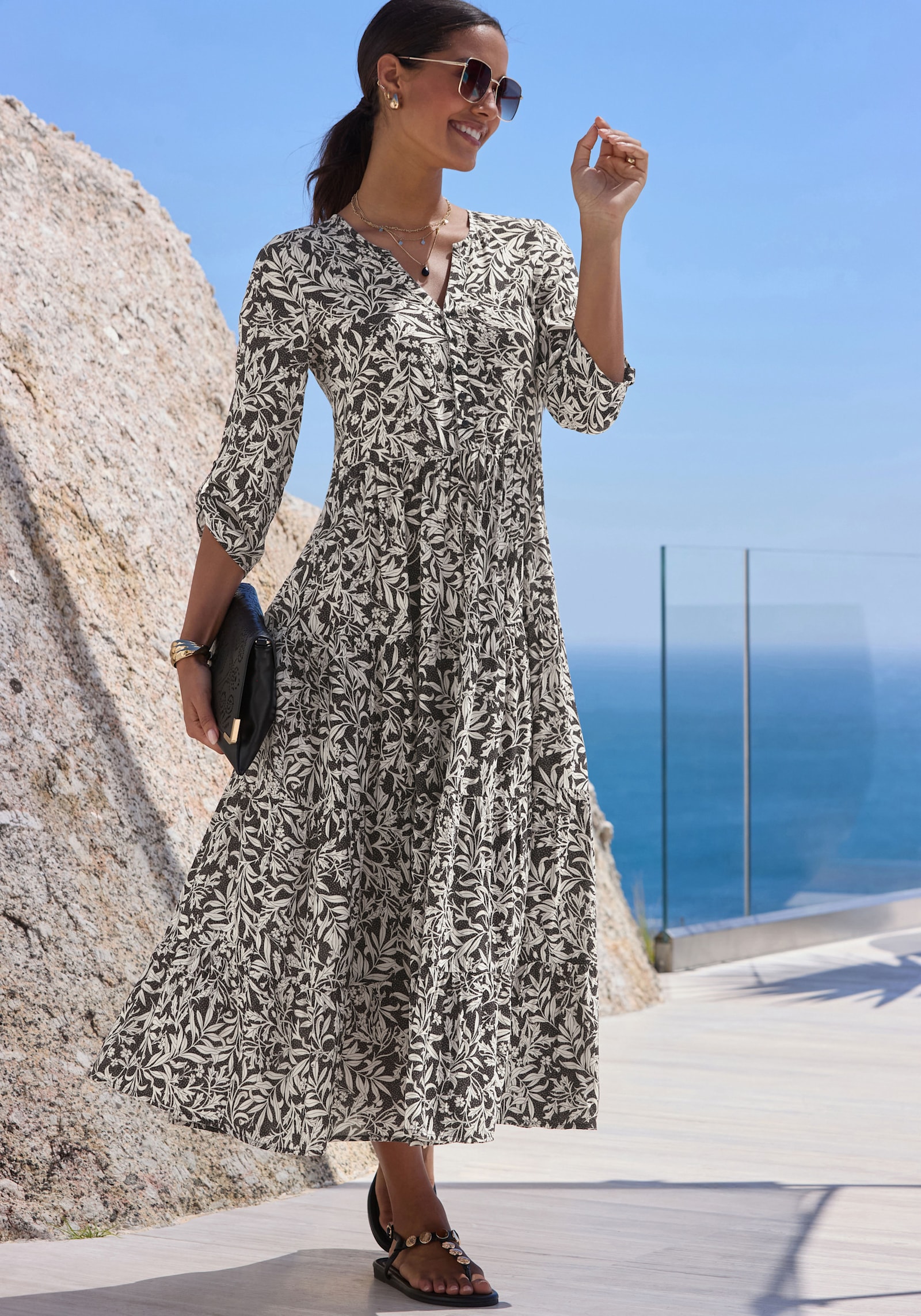 LASCANA Maxikleid - schwarz-creme bedruckt
