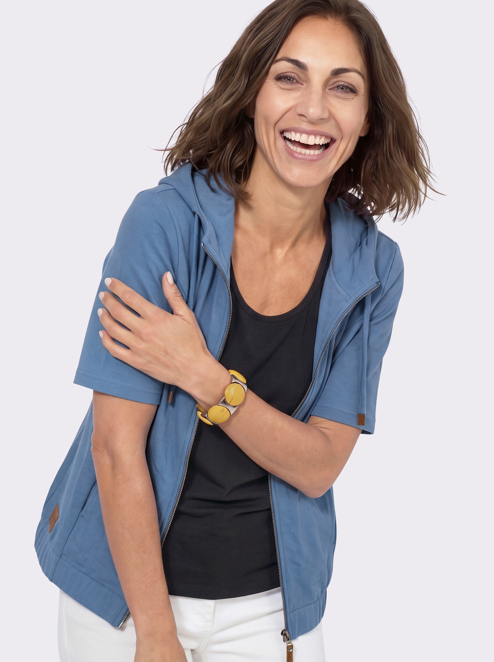 Shirtjacke mit Kapuze und Halbärmeln - mittelblau