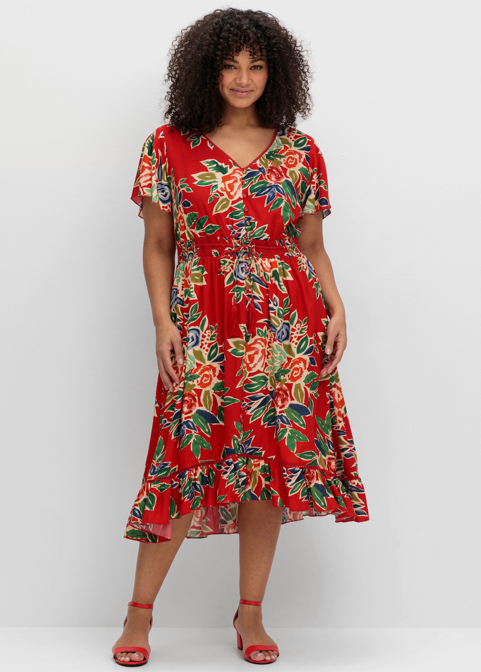 sheego by Joe Browns Blumenkleid mit V-Ausschnitt und Knopfleiste - rot-gemustert