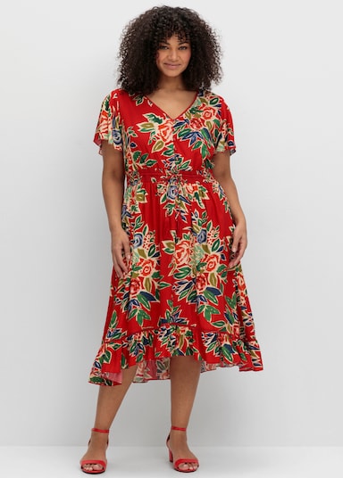 sheego by Joe Browns Blumenkleid mit V-Ausschnitt und Knopfleiste - rot-gemustert