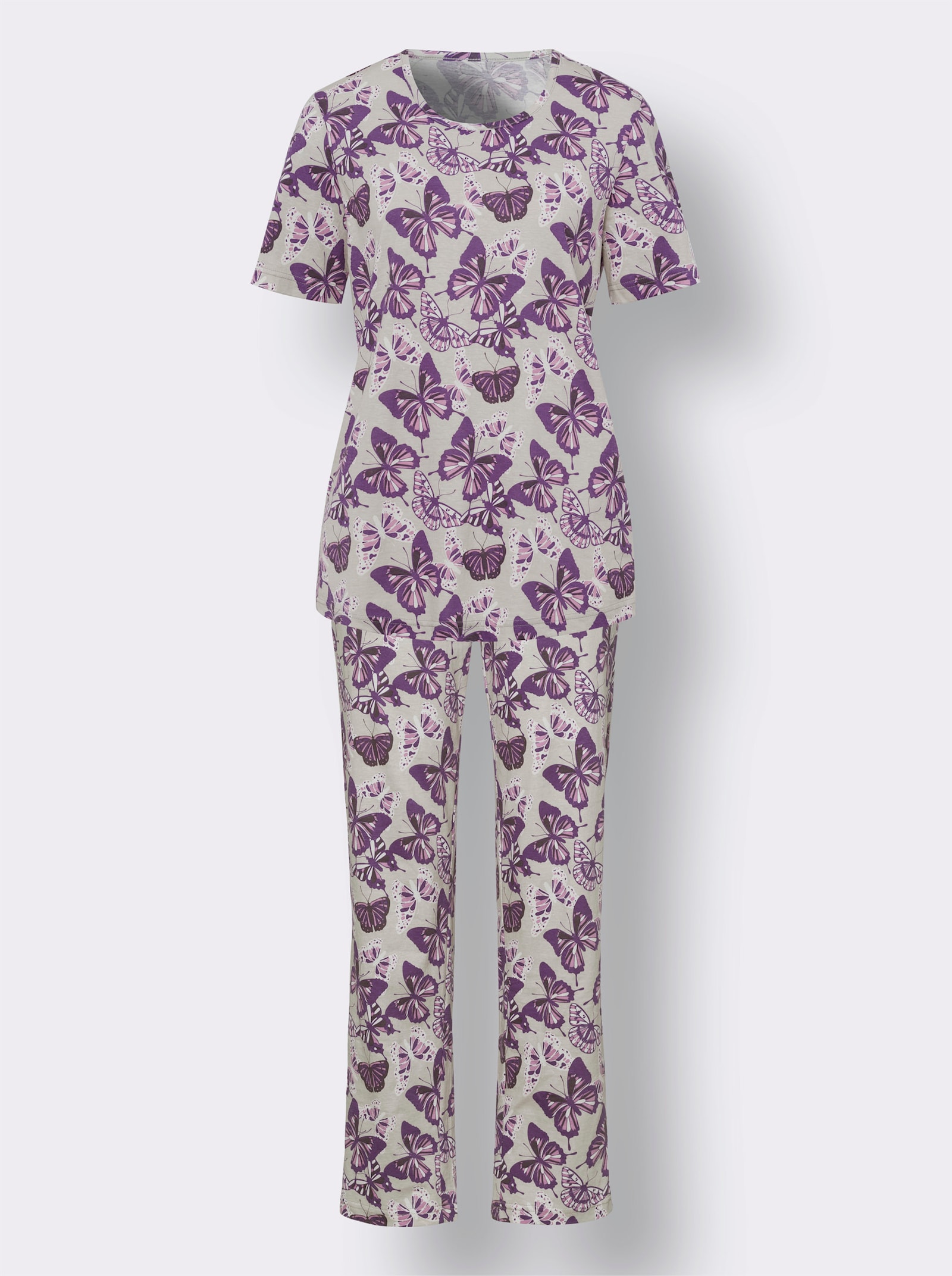 Pyjamas med fjärilstryck - ljusgrå-lila-med tryck