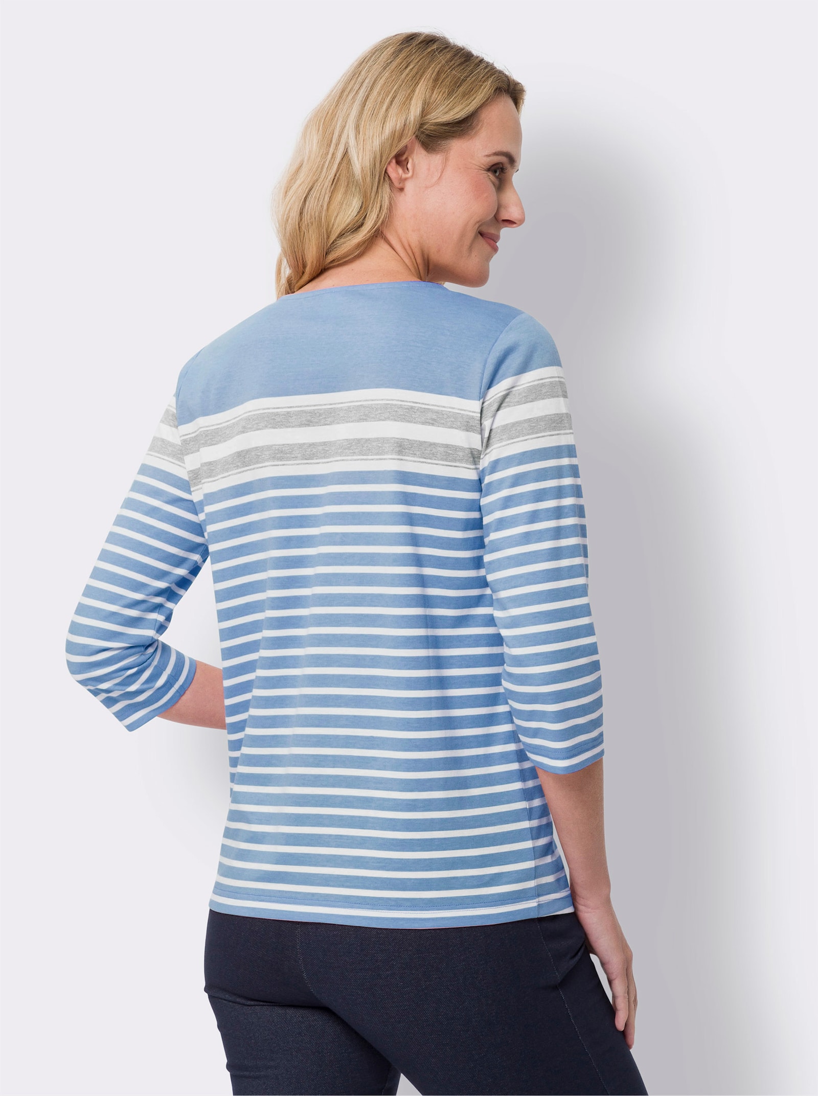 Bomullstopp med trekvartsärm, randig - mellanblå-ecru-randig