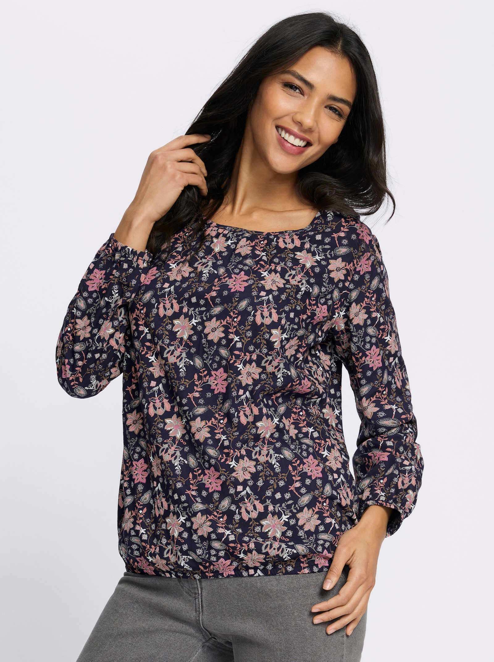 Schlupfbluse mit Raffung am Ausschnitt - marine-rosenquarz-bedruckt