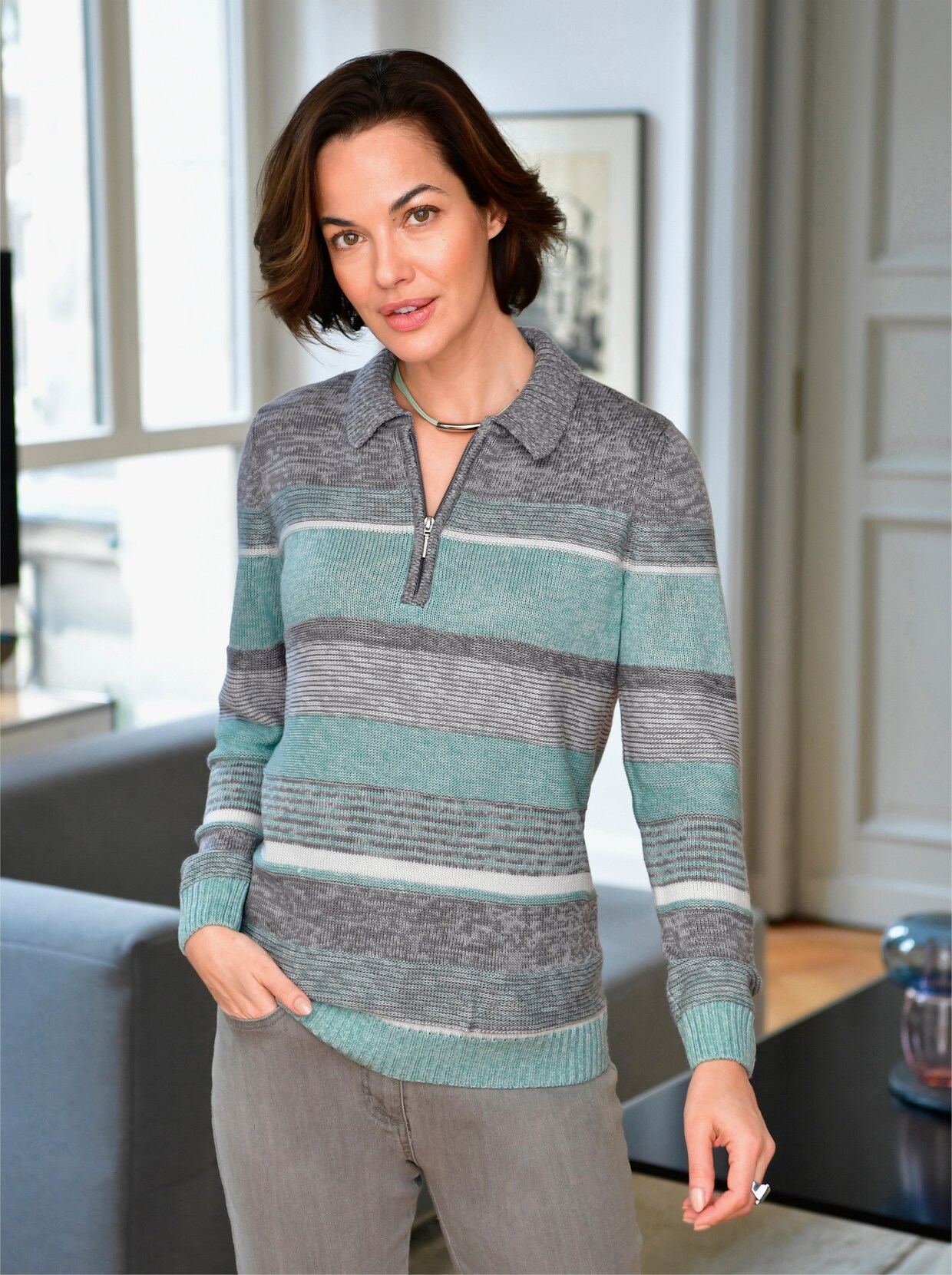 Polopullover - kalkmint-grau-geringelt