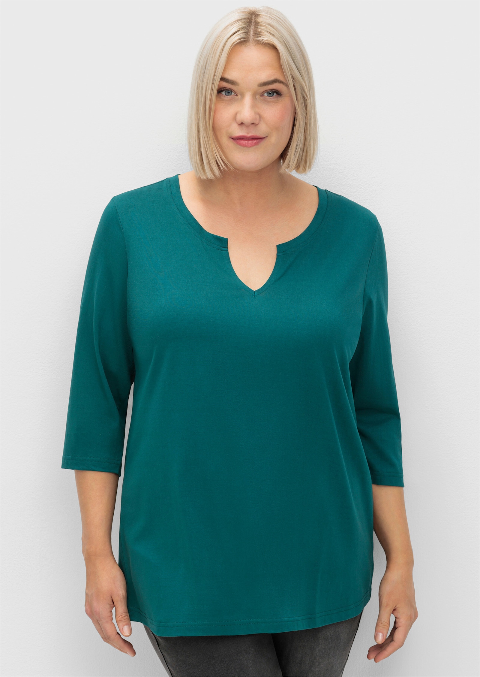 sheego 3/4-Arm-Shirt mit geschlitztem Ausschnitt - petrol