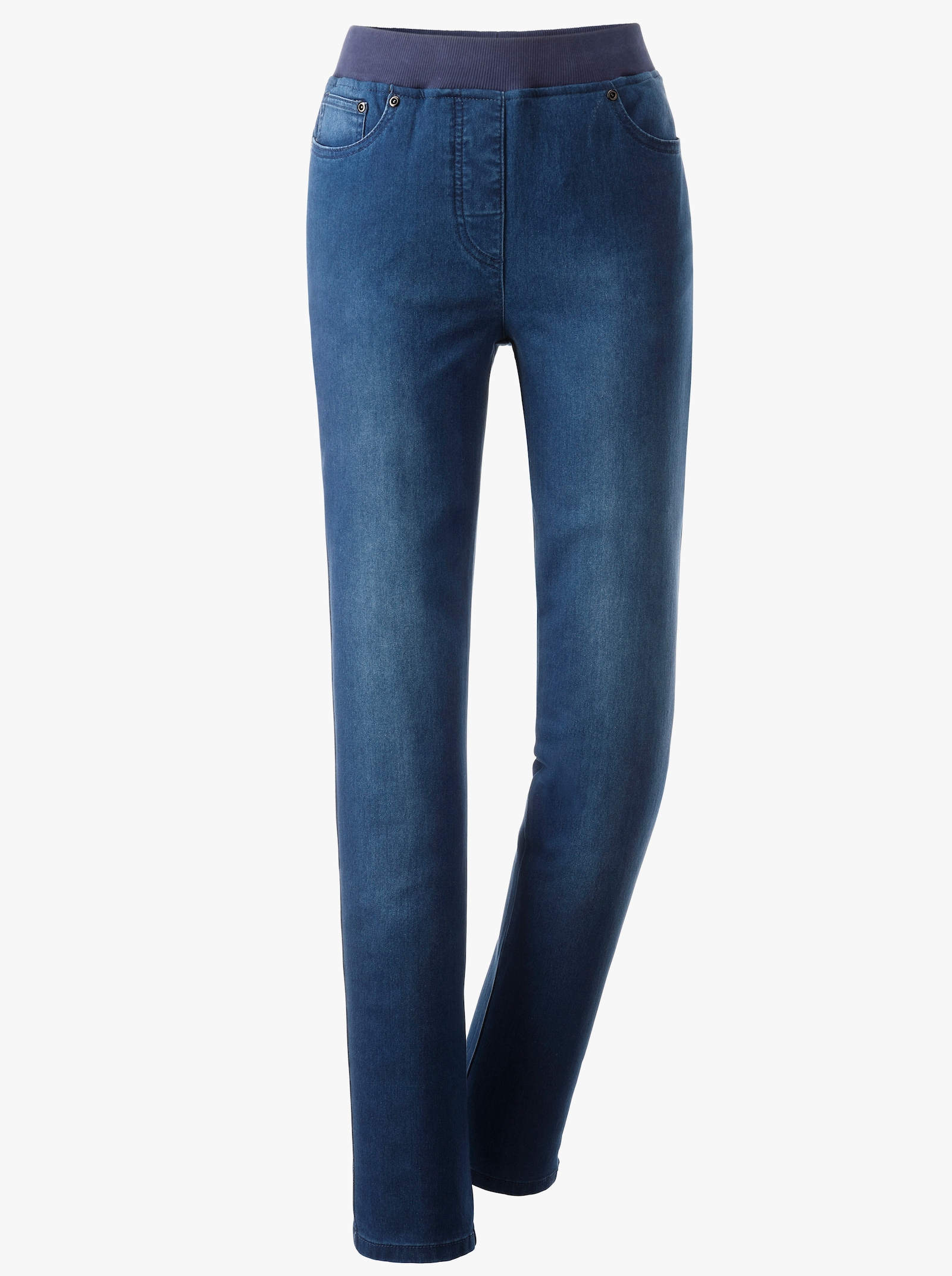 Schlupfjeans mit geripptem Strick-Dehnbund - blue-stone-washed