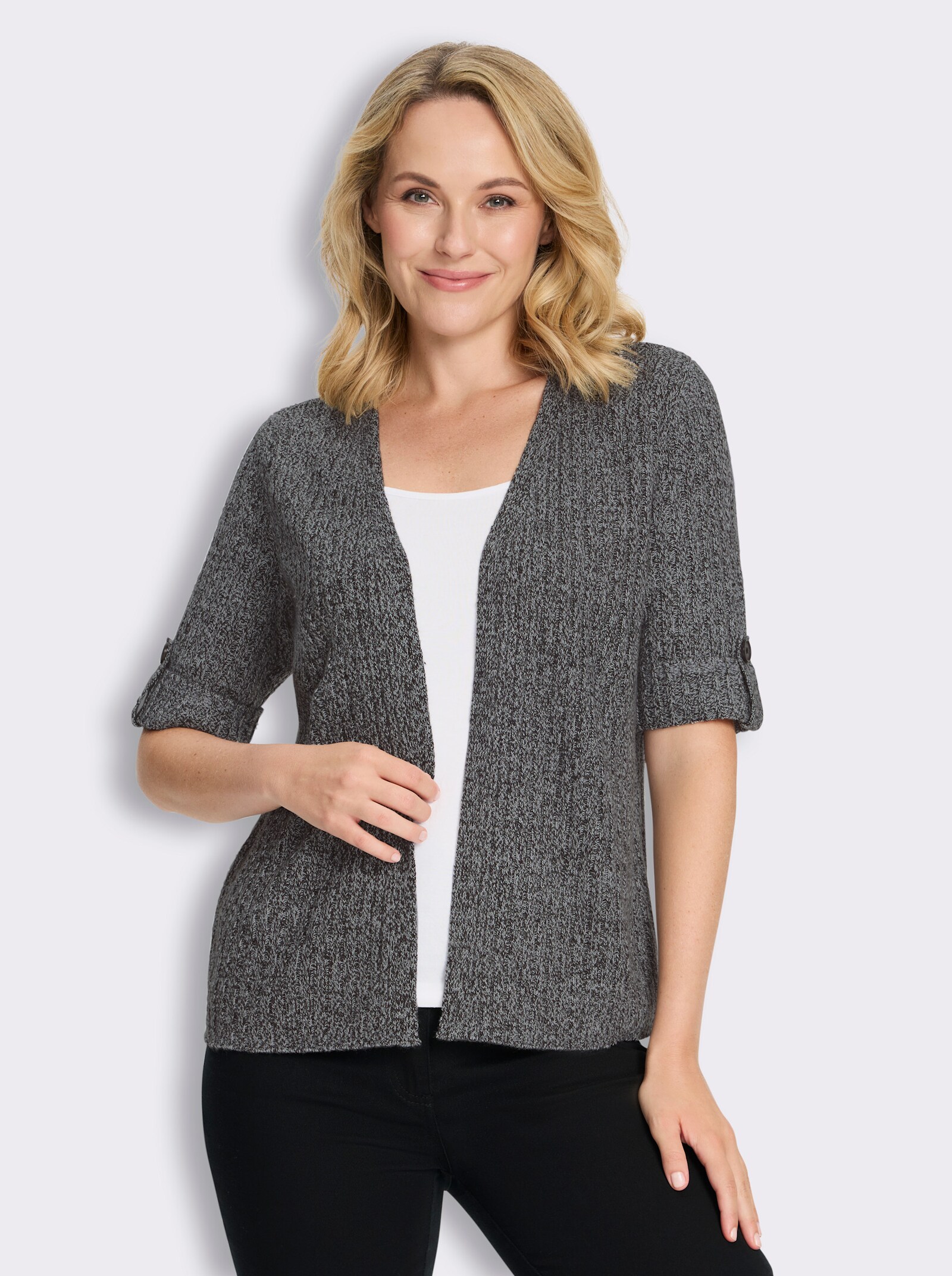 Strickjacke in Rippen-Optik - schwarz-weiß-meliert