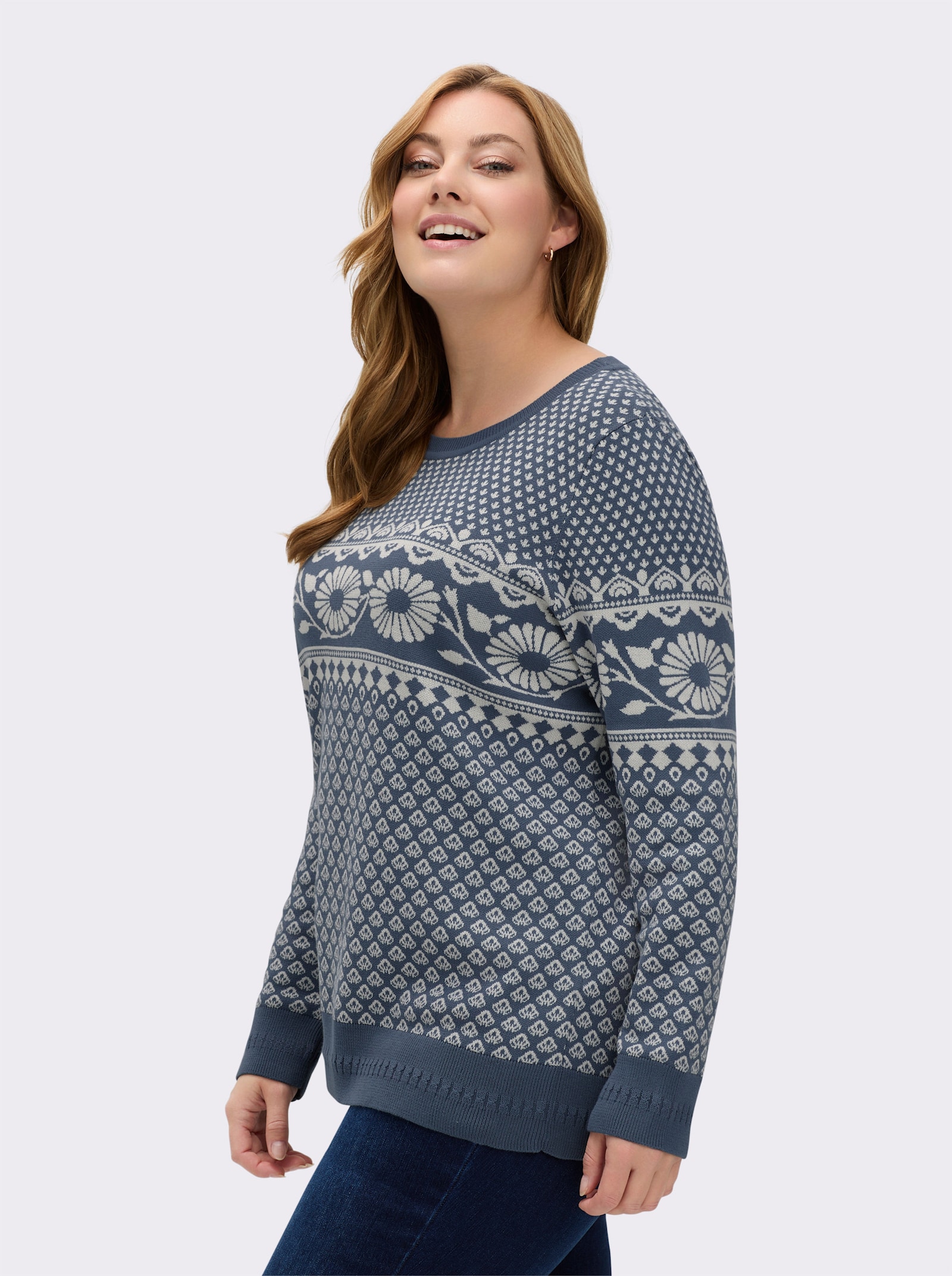 Jacquard-Pullover im Norwegerstil - rauchblau-champagner-gemustert