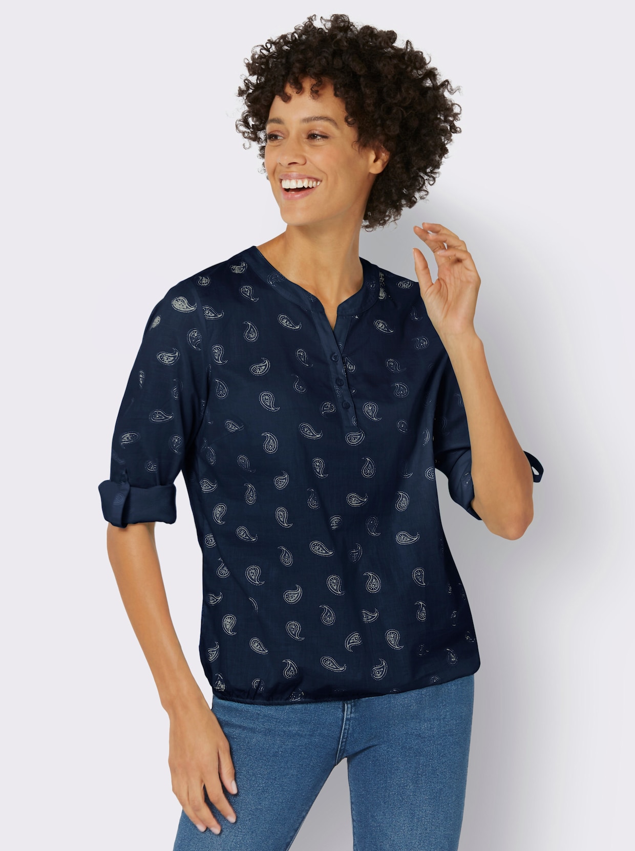 Comfortabele blouse - wit/marine geprint