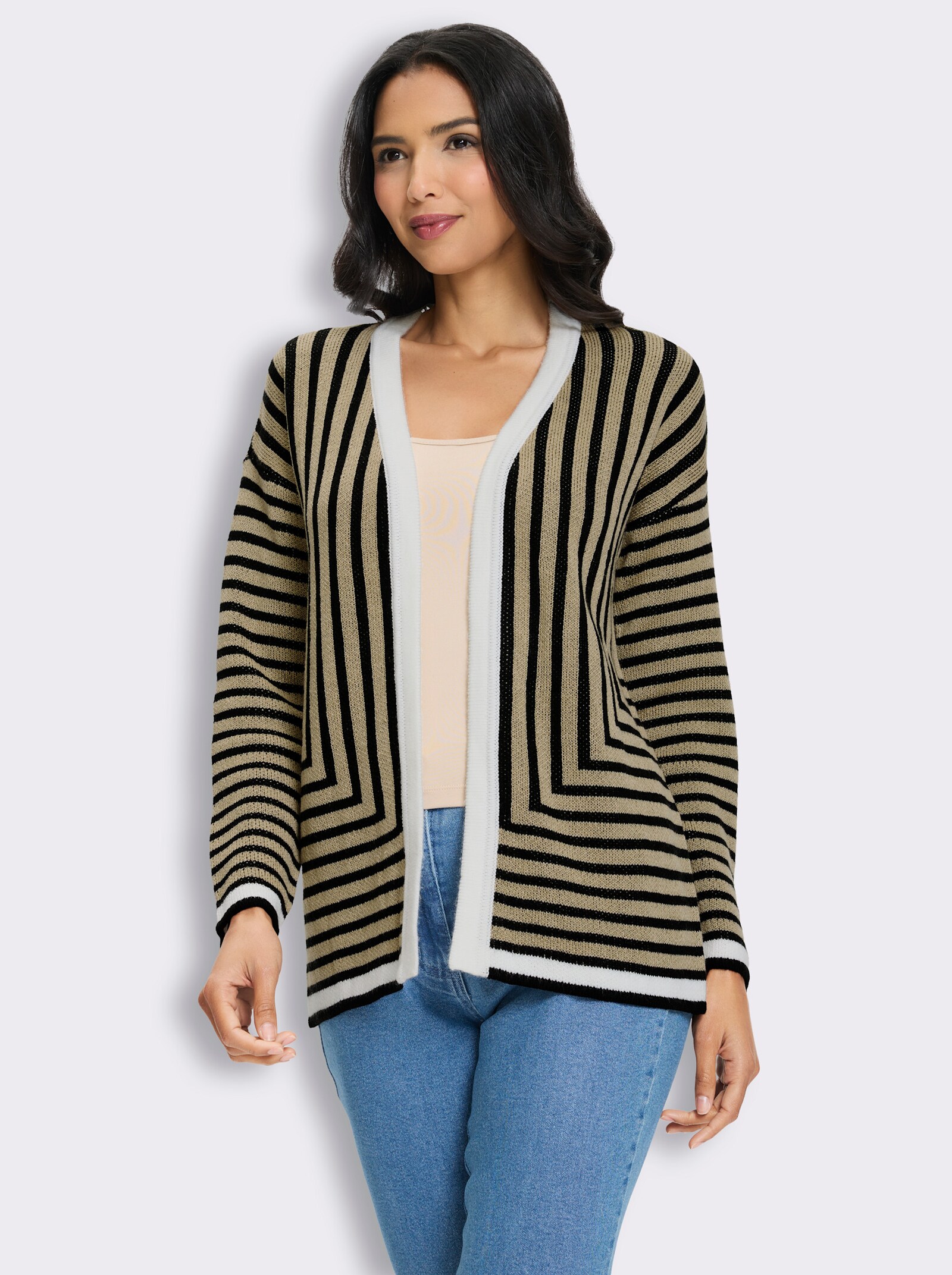 Strickjacke in offener Form - beige-schwarz-gestreift