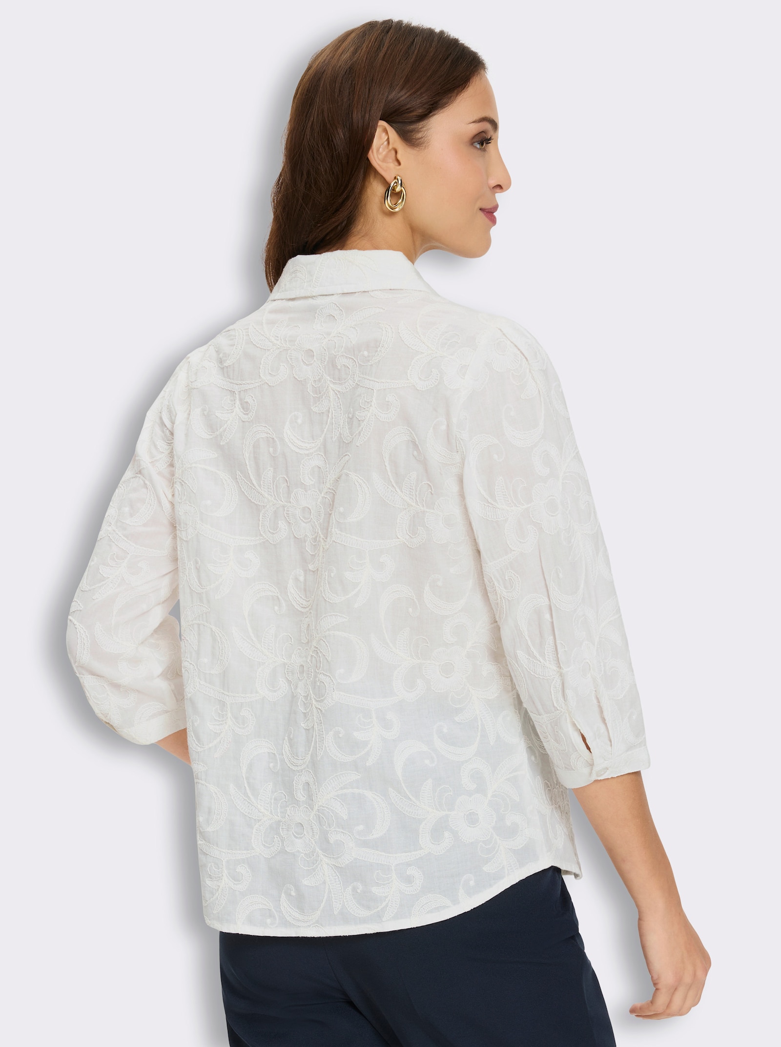 Baumwollbluse mit Blütenstickerei - ecru