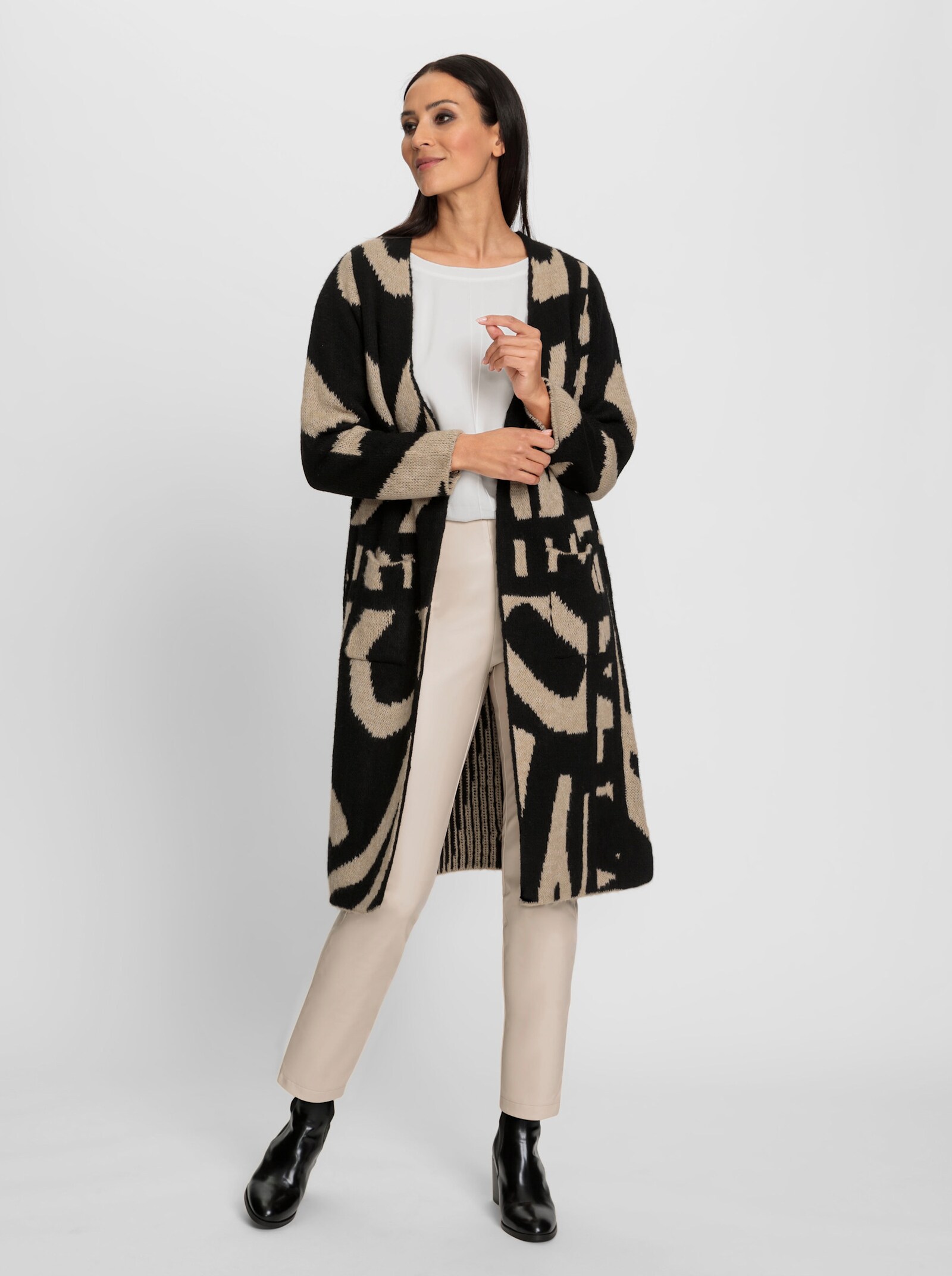 heine Lang vest met opgestikte zakken - zwart/beige gedessineerd