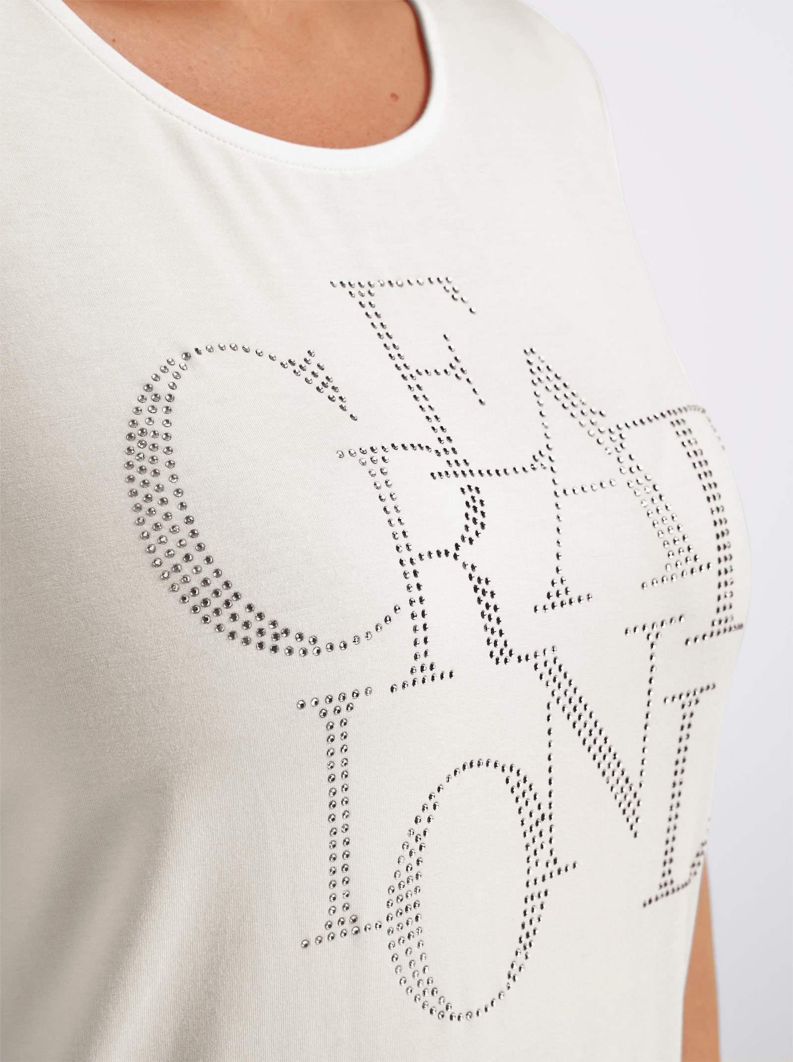 Kurzarmshirt mit Schriftzug aus Glitzersteinchen - ecru