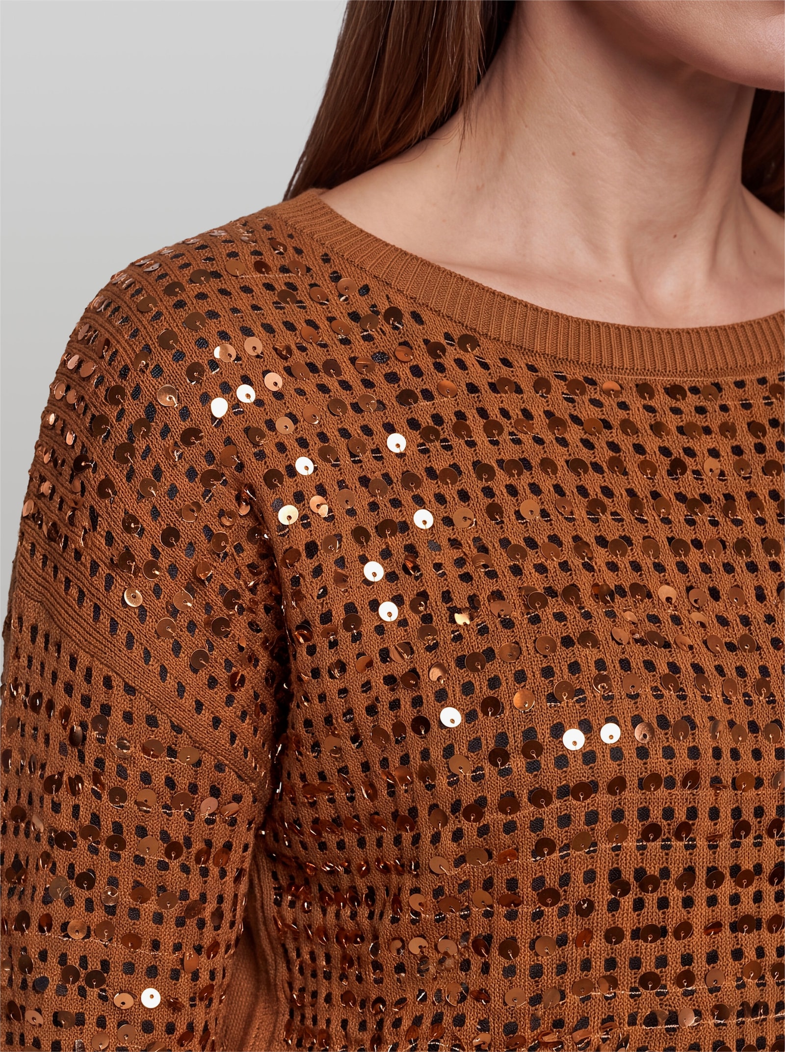 heine Langarm-Pullover in Netzstrick-Optik - cognac