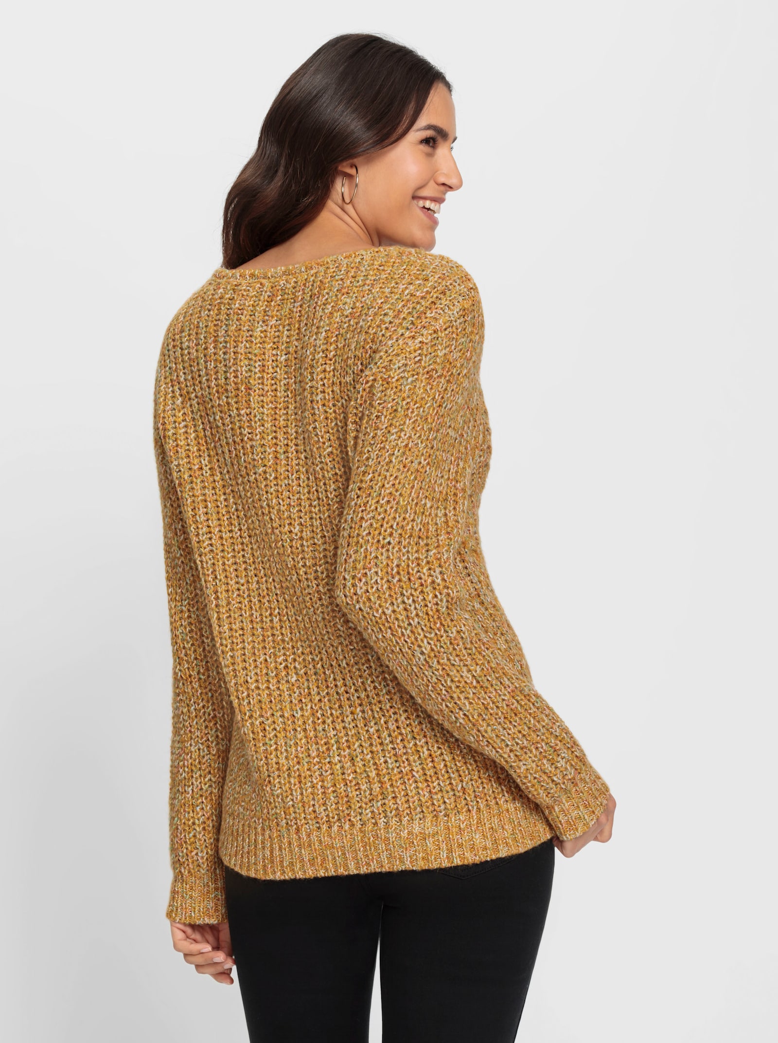 Langarm-Pullover mit Zopfmuster vorne - ocker-meliert