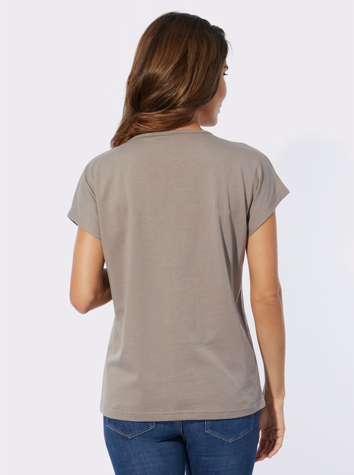 Rundhalsshirt - taupe-schwarz-bedruckt