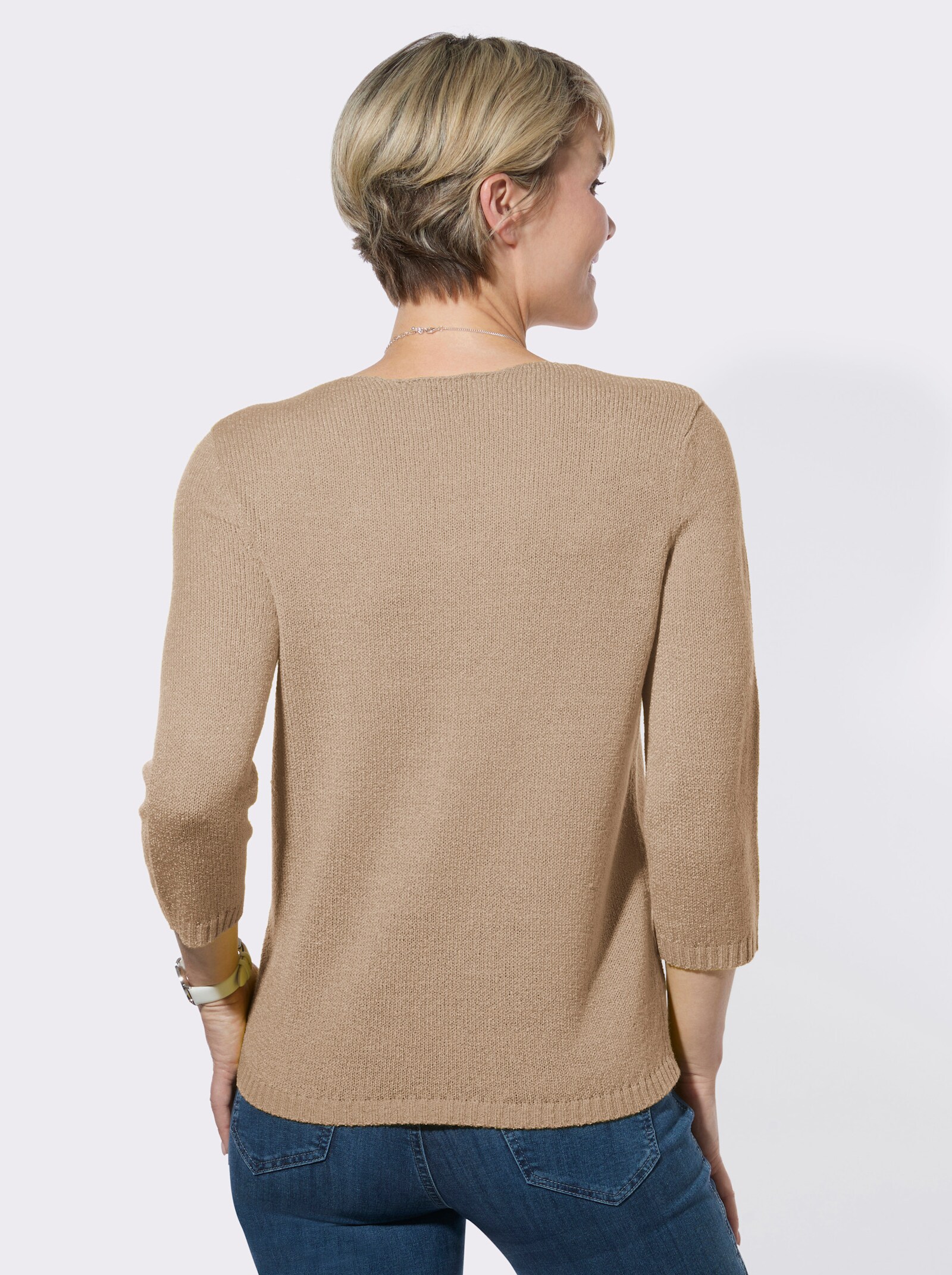 V-Ausschnitt-Pullover mit gerippten Abschlüssen - beige