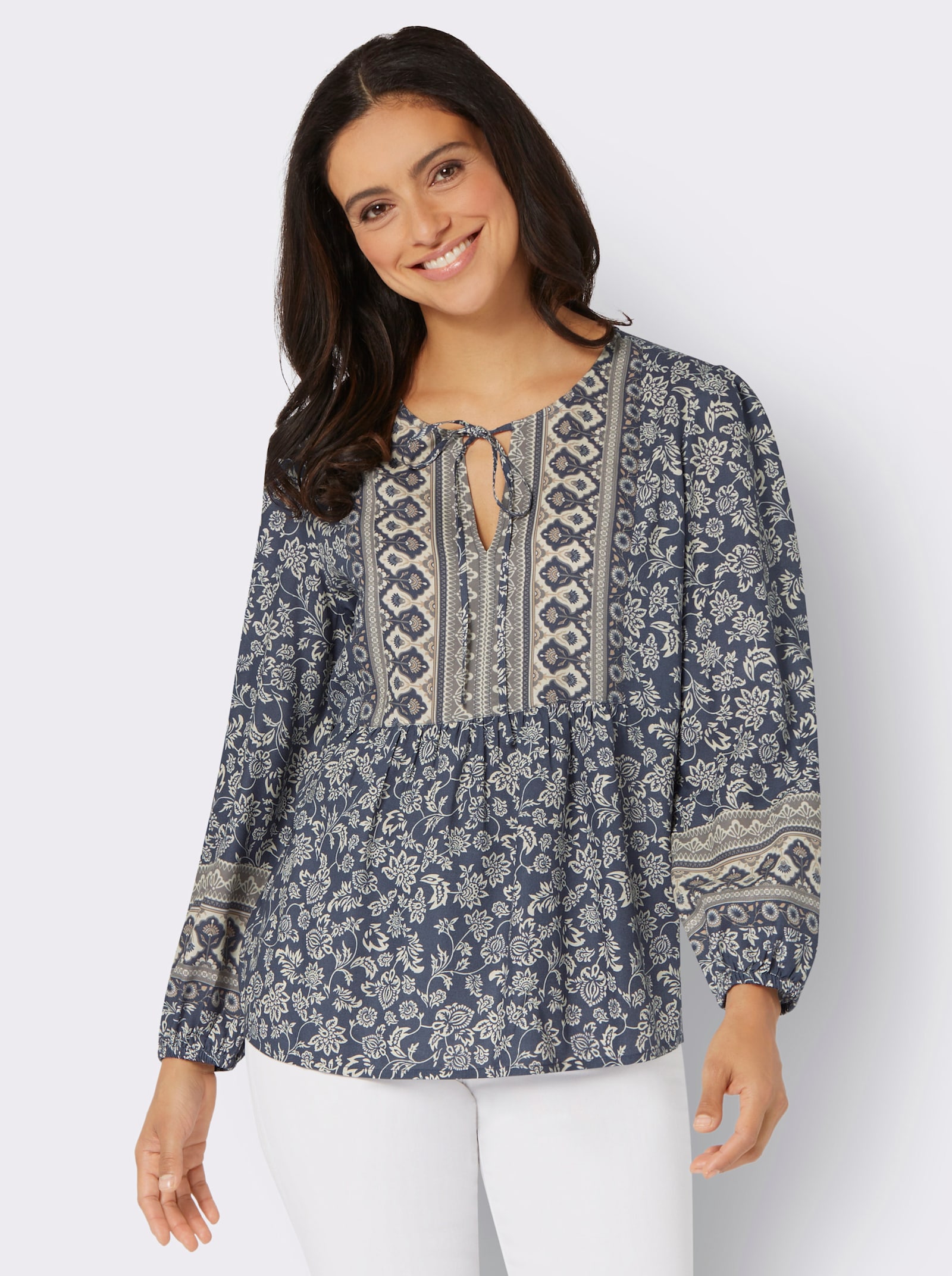 Druckbluse in Tunikaform - rauchblau-champagner-bedruckt