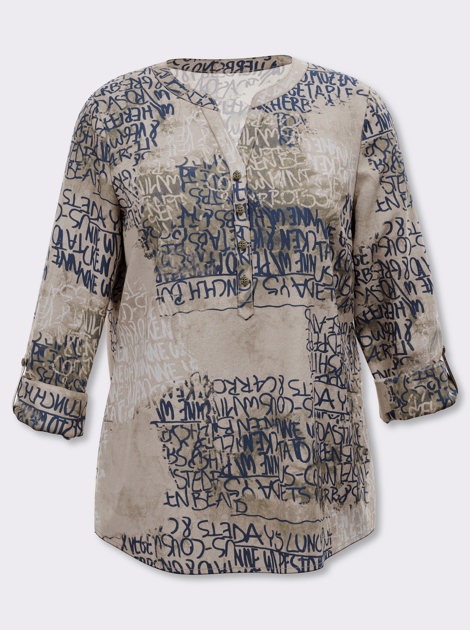 Druckbluse mit kurzer Knopfleiste - beige-dunkelblau-bedruckt