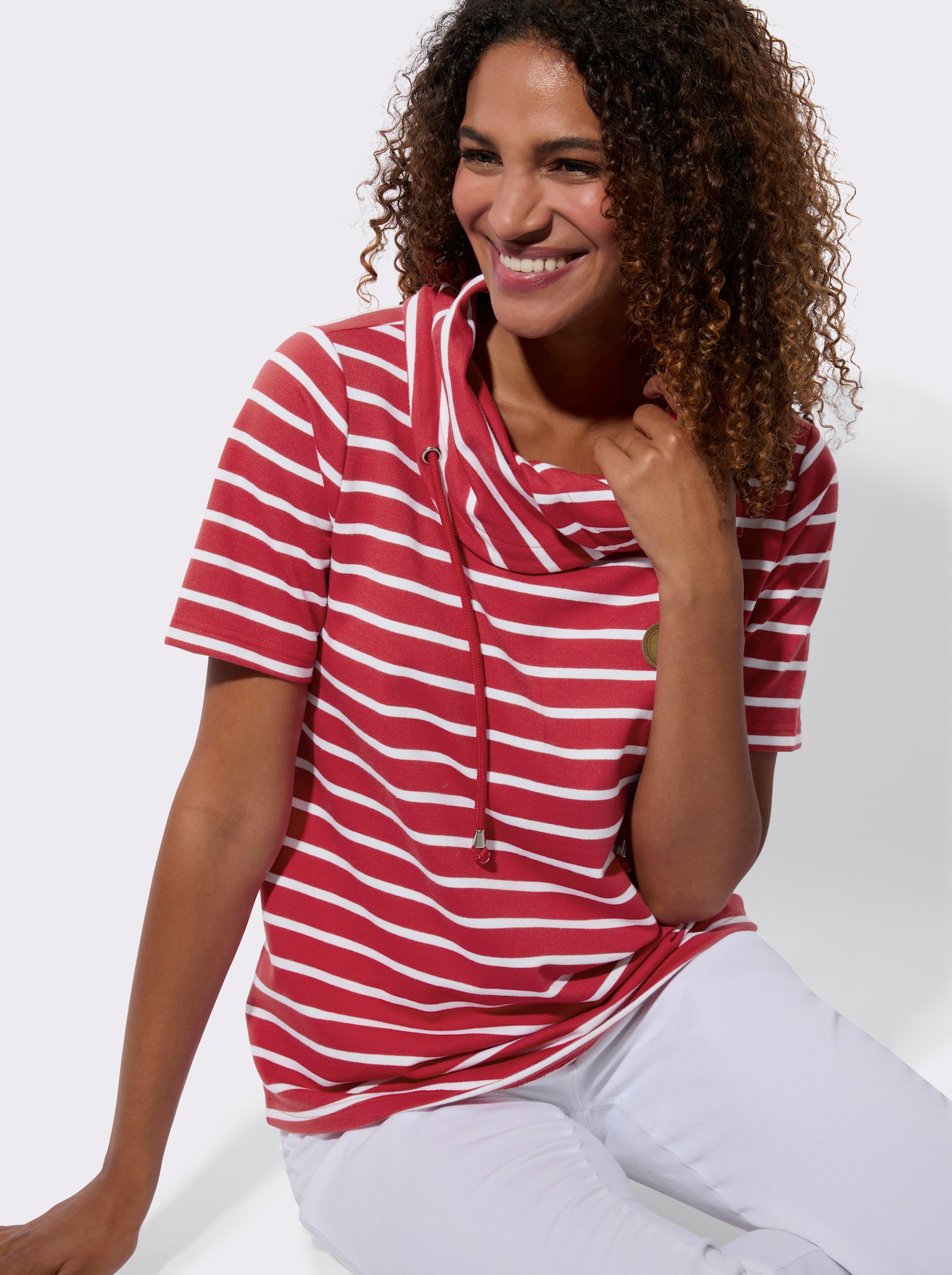 Sweatshirt mit Rollkragen - erdbeere-weiß-gestreift