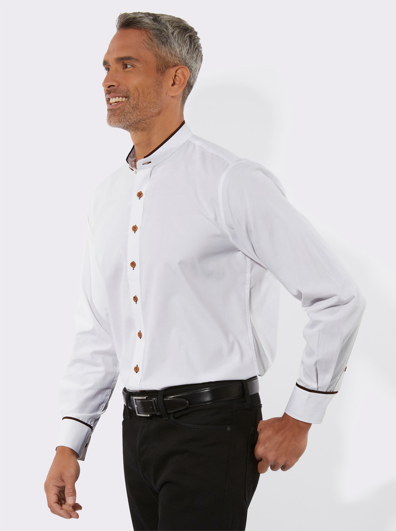 Langarmhemd mit Kontrastpaspeln - weiss