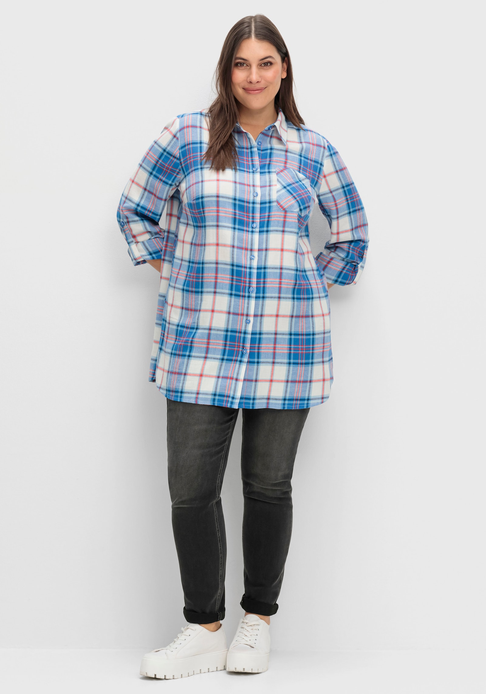 sheego Flanellbluse in Longform - offwhite-kariert