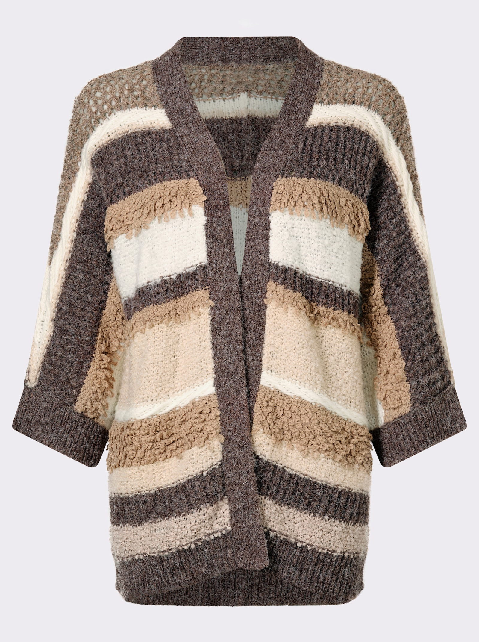 heine Cardigan van ajourtricot - donkertaupe/ecru gestreept