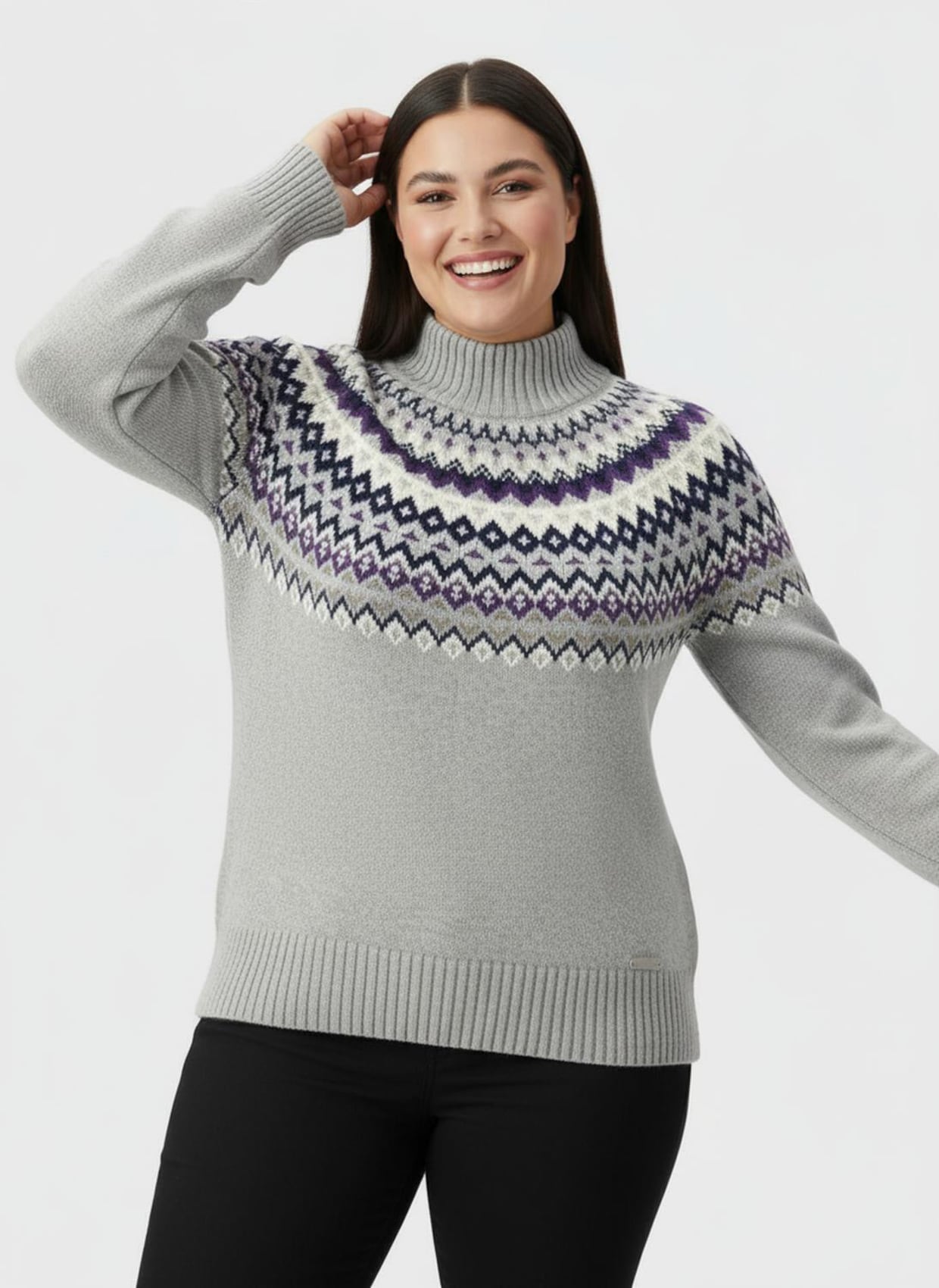 Stehkragenpullover im mehrfarbigen Norwegermuster - hellgrau-nachtblau-gemustert