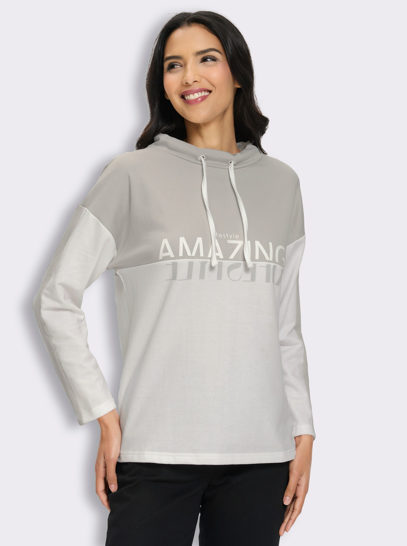 Sweatshirt mit Schriftzug im Vorderteil - ecru-hellgrau-gemustert