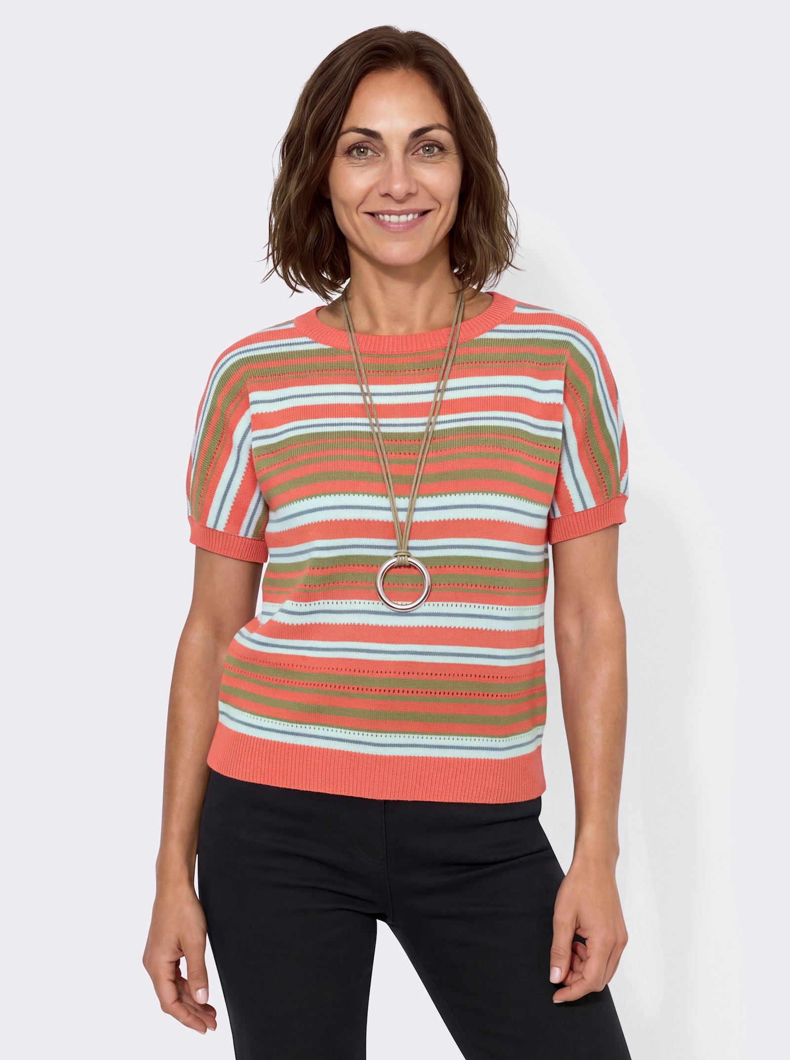 Baumwollpullover mit Fledermaus-Ärmeln - papaya-eucalyptus-geringelt