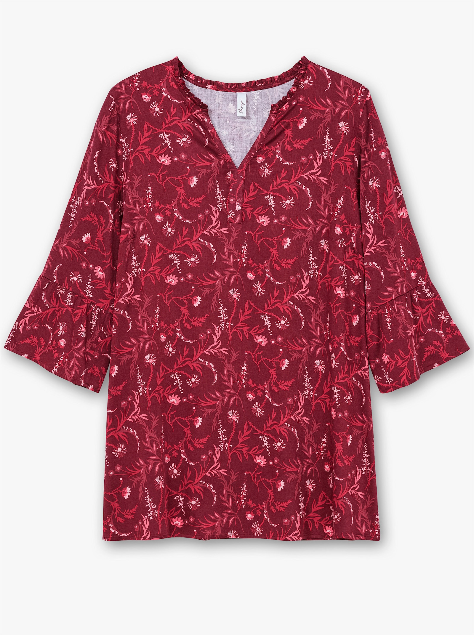 sheego Tunika in Longform, mit Volants an den 3/4-Ärmeln - dunkelrot-gemustert