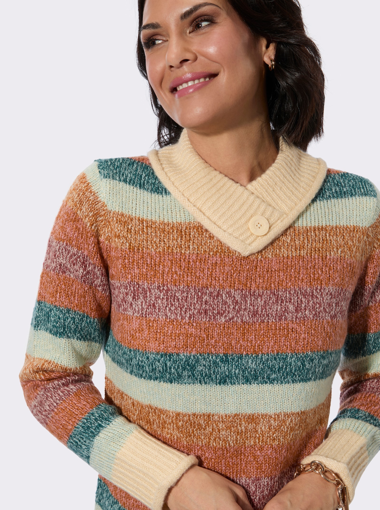 Stehkragenpullover mit Rollkanten - kalkmint-flamingo-geringelt