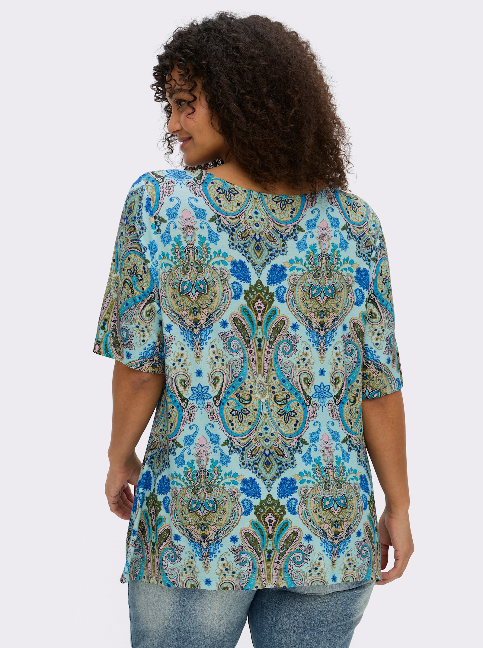 sheego Print-Shirt mit herzförmigem Ausschnitt - aquamarin-royalblau-gemustert