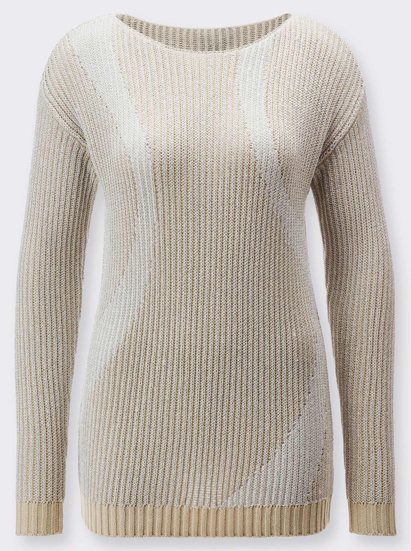 Langarm-Pullover in Ripp-Optik mit Glitzergarn - sand-silberfarben-gemustert