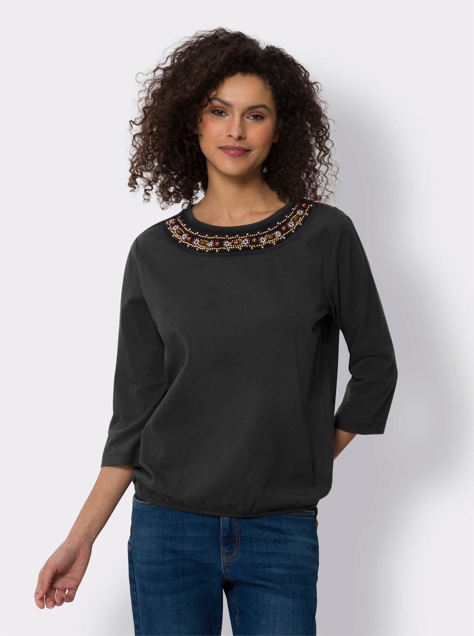 heine Rundhalsshirt mit Zierperlen - schwarz