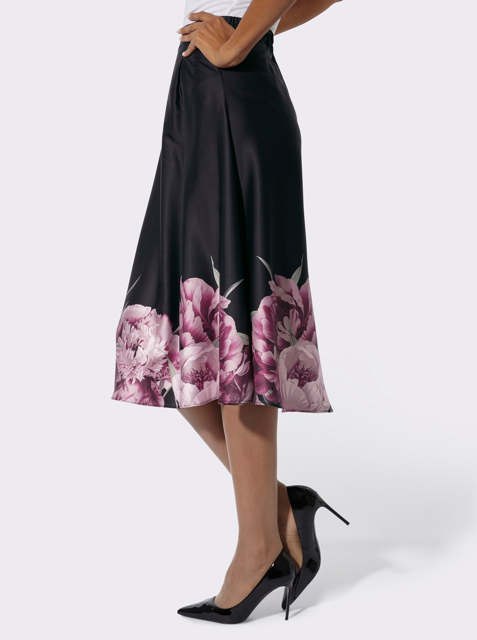 Webrock mit Rundum-Dehnbund - schwarz-hortensie-bedruckt