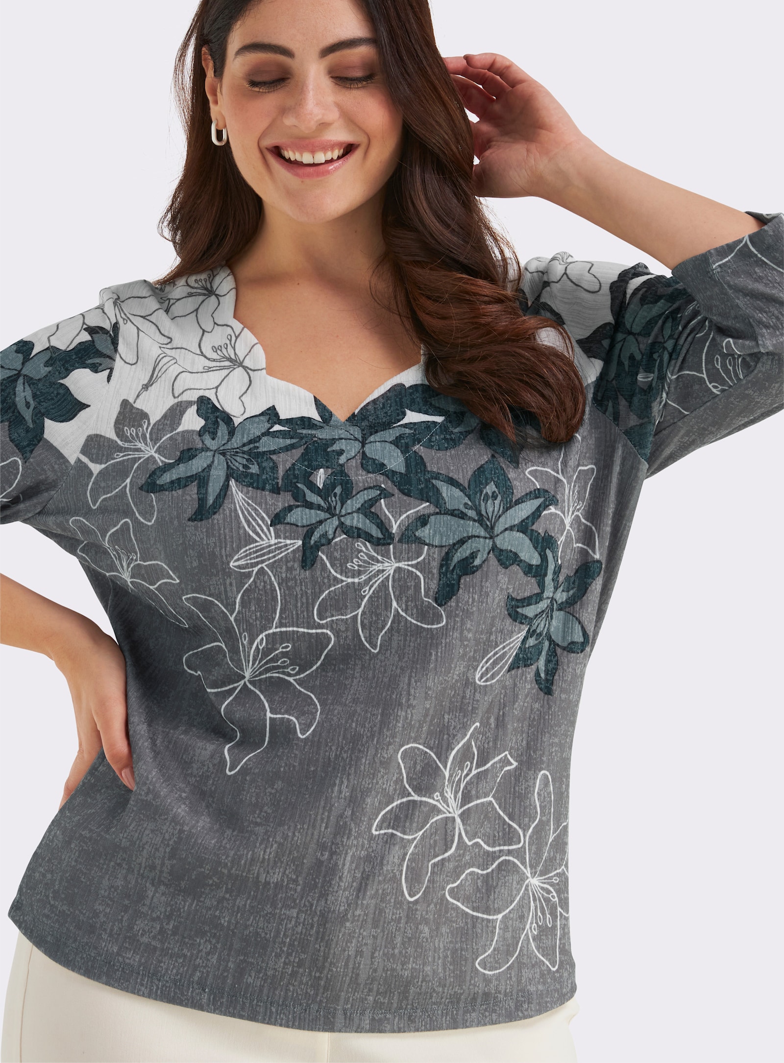 Print-Shirt mit gebogten Kanten - petrol-schwarz-bedruckt