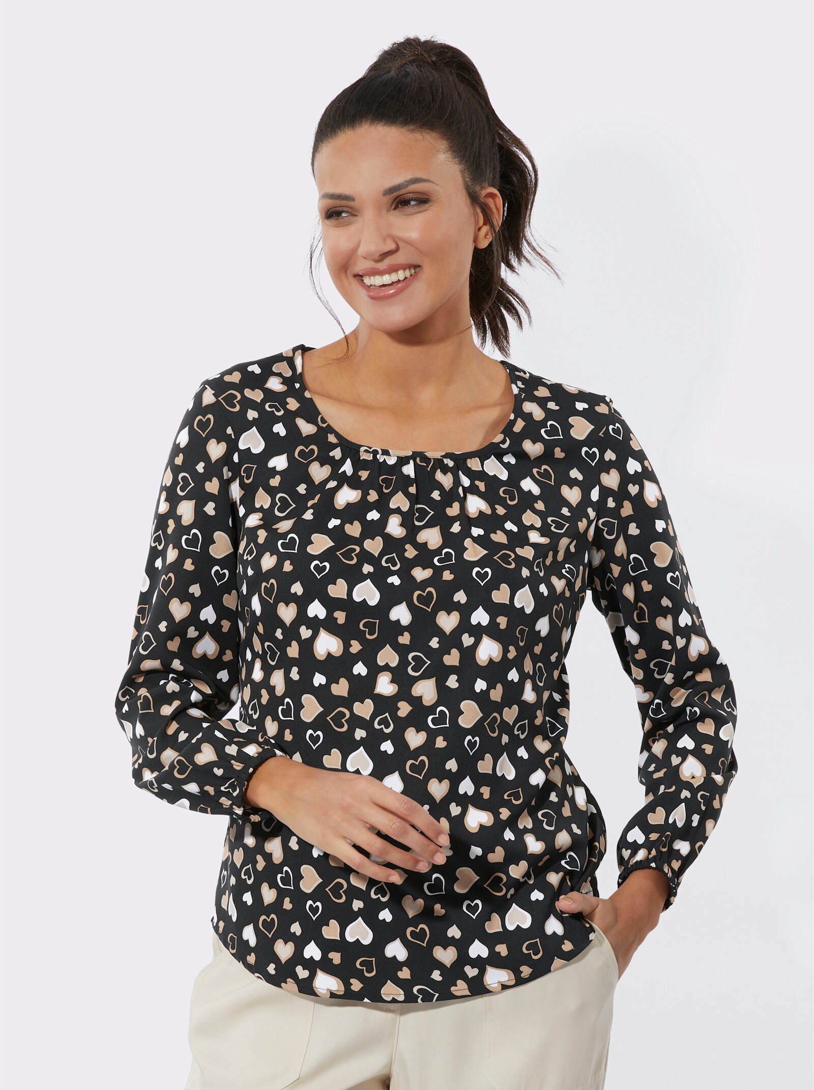 Schlupfbluse im Herz-Dessin - schwarz-camel-bedruckt