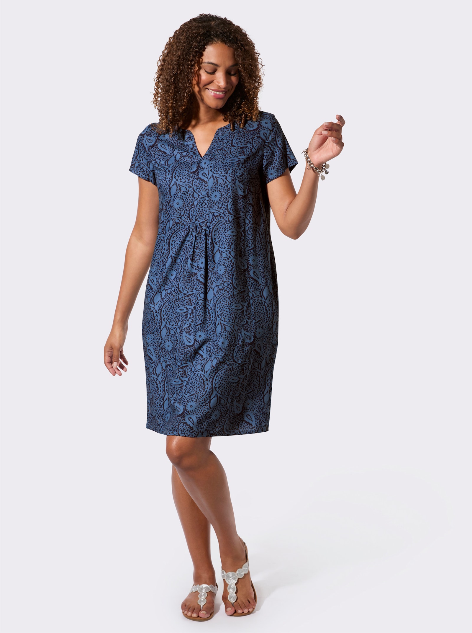Webkleid in A-Form - jeansblau-marine-bedruckt