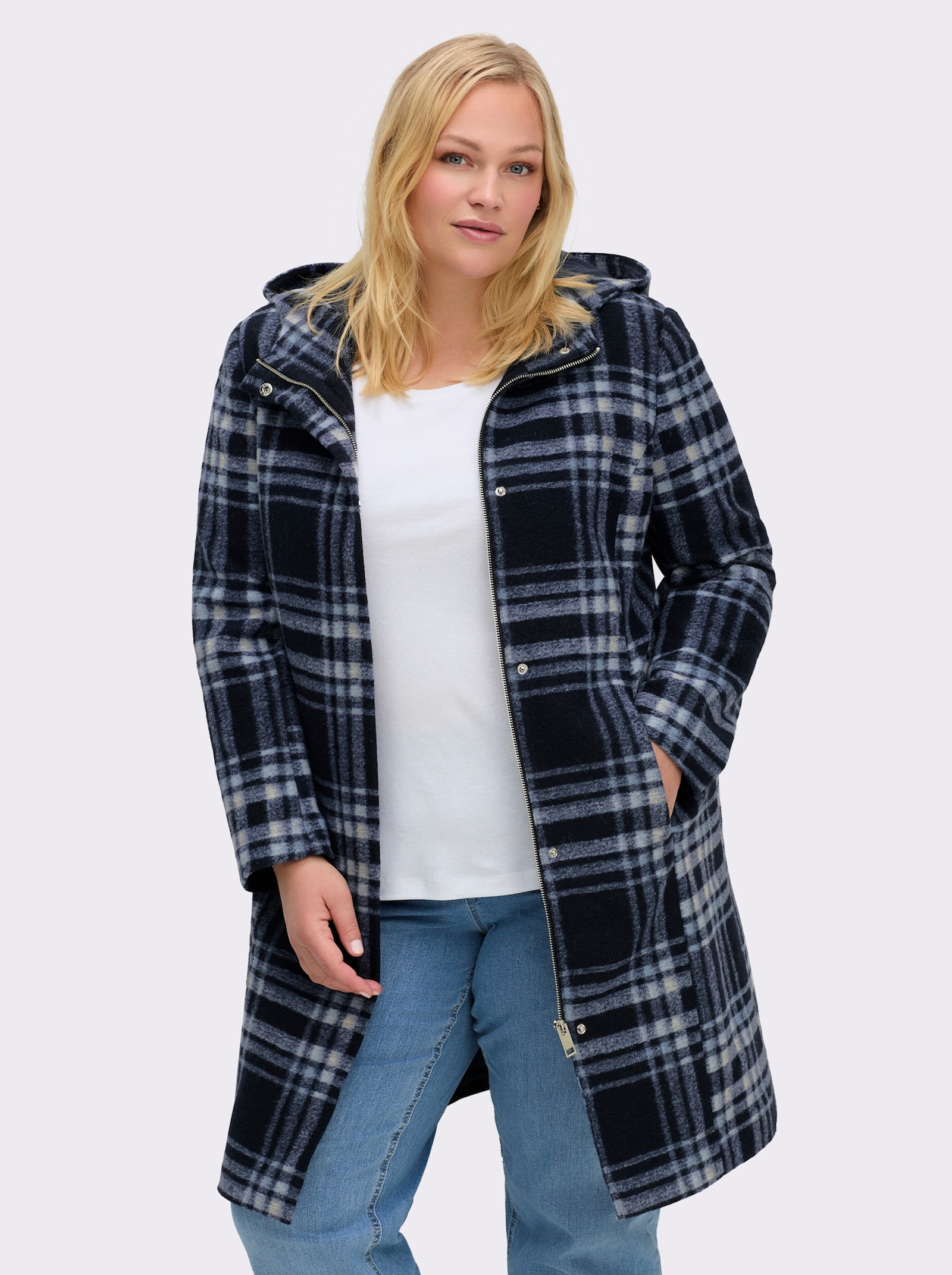 sheego Winterjas met ritssluiting en drukknopen - diepblauw/ijsblauw geruit