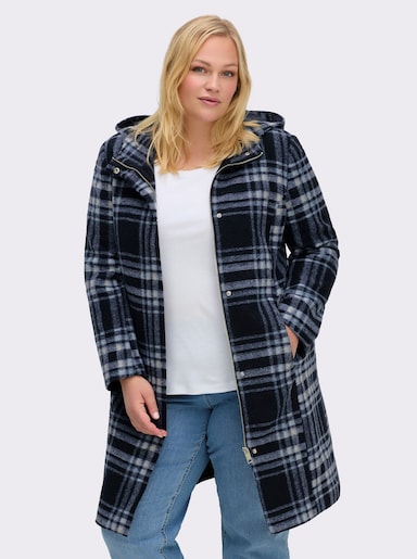 sheego Winterjas met ritssluiting en drukknopen - diepblauw/ijsblauw geruit