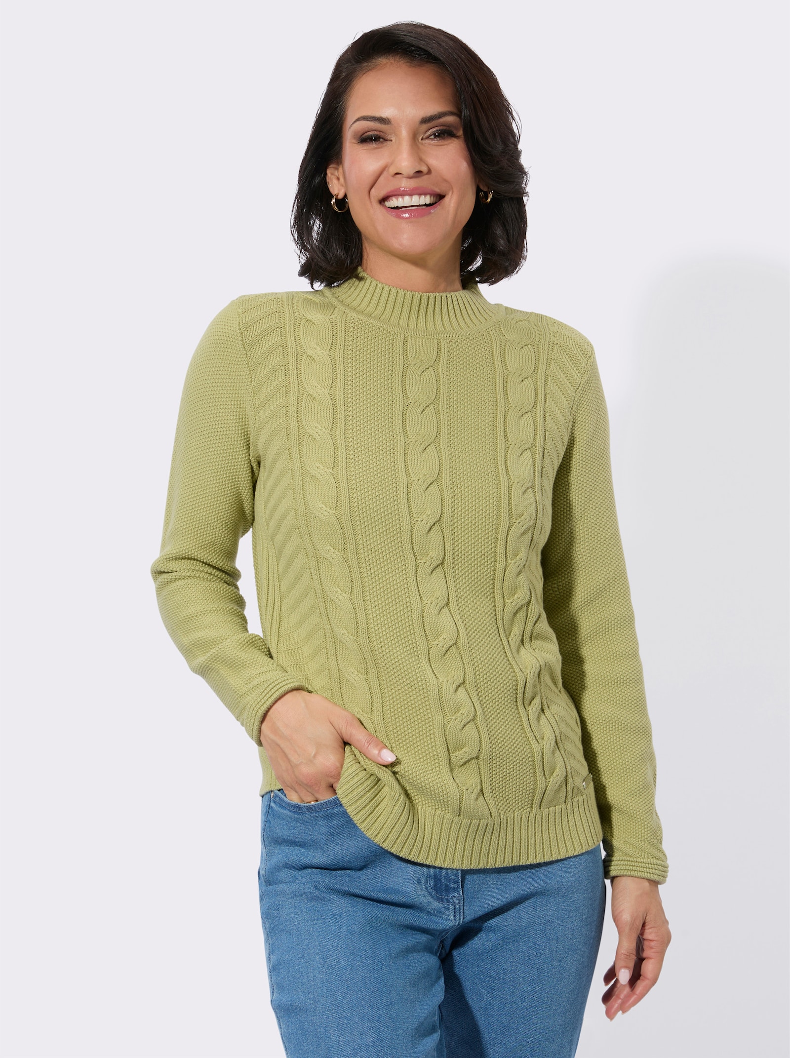 Stehkragenpullover mit Zopfmuster - lindgrün