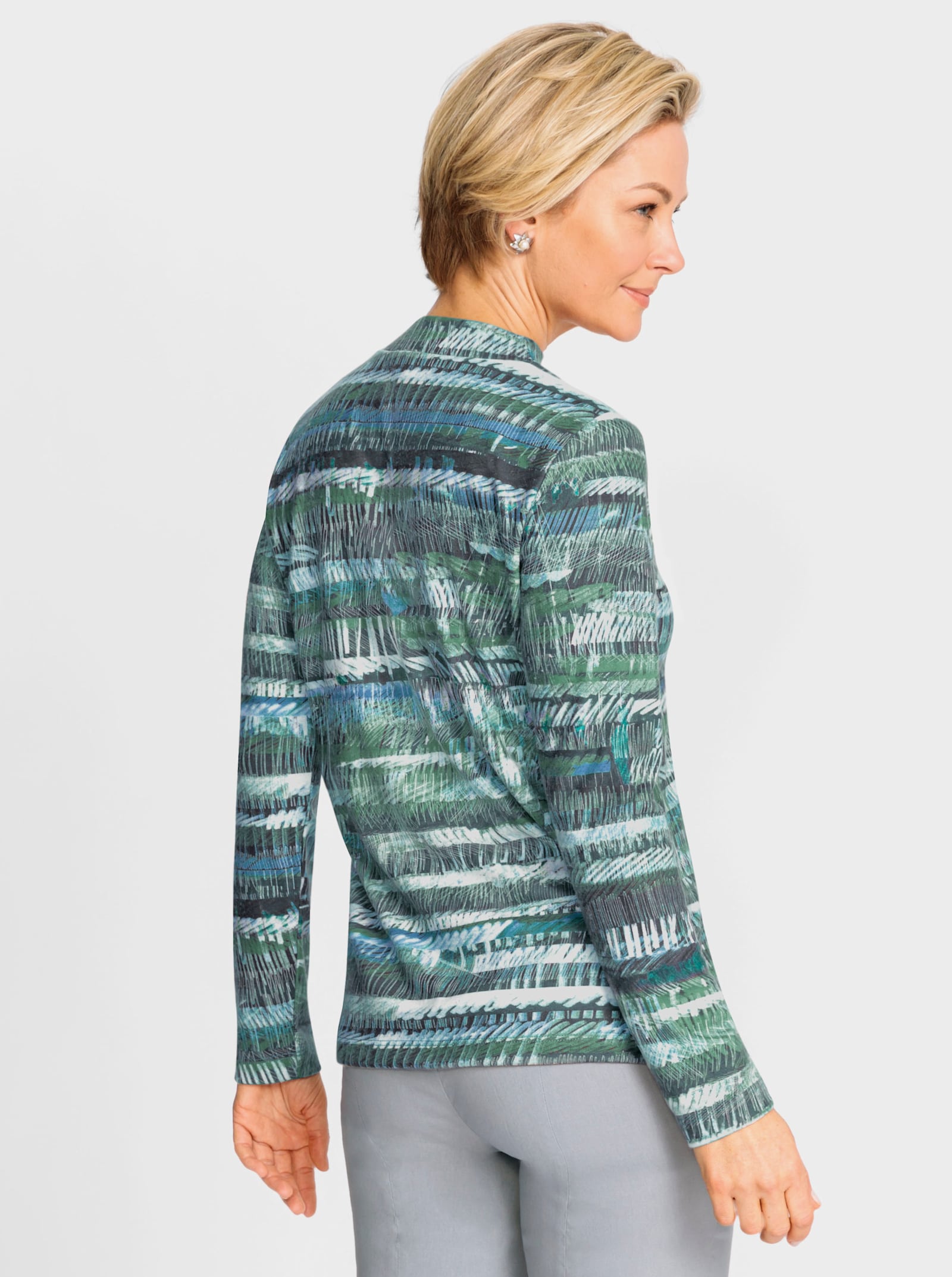 Stehkragenshirt in angerauter Qualität - jade-ecru-bedruckt