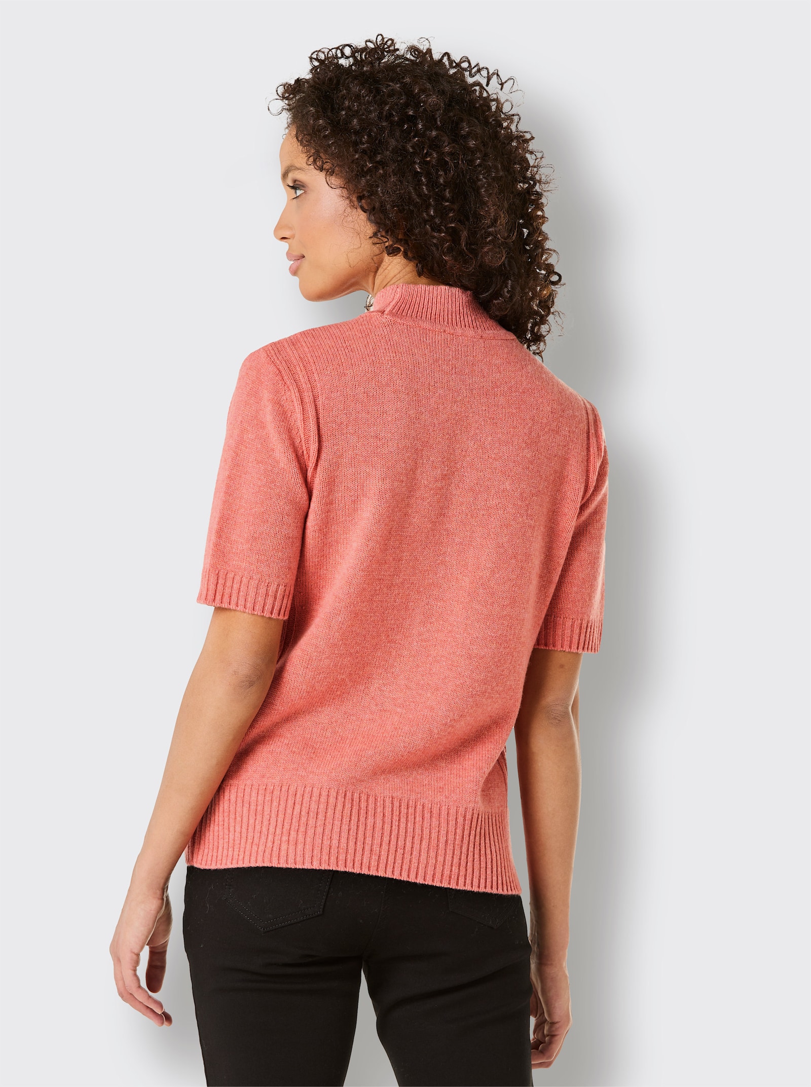 CREATION L PREMIUM Kurzarmpullover Mit geripptem Einsatz - koralle-meliert