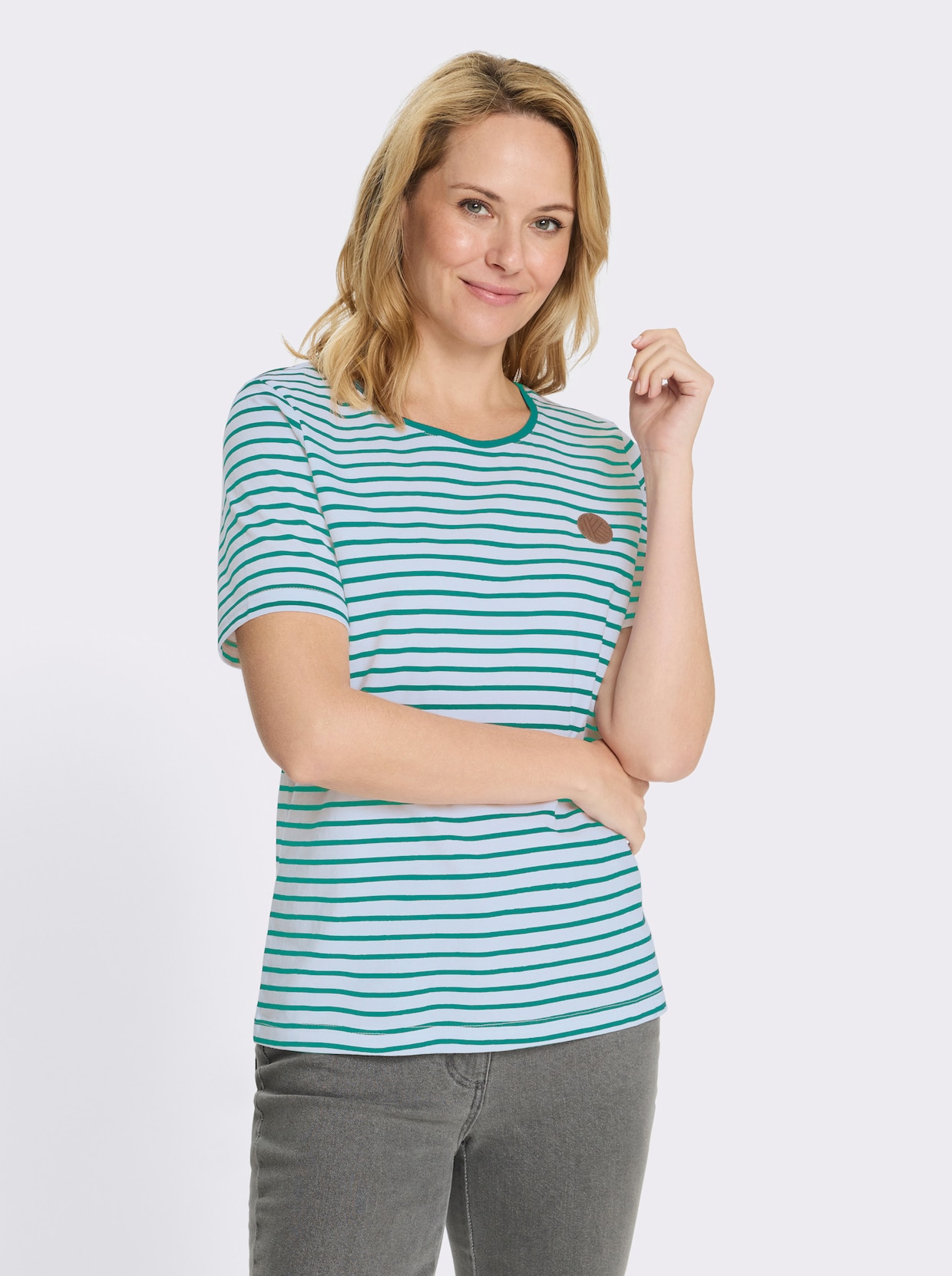 Ringelshirt mit Patch in Leder-Optik - smaragd-weiß-gestreift