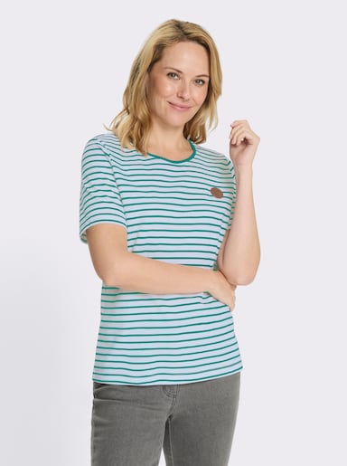 Ringelshirt mit Patch in Leder-Optik - smaragd-weiß-gestreift