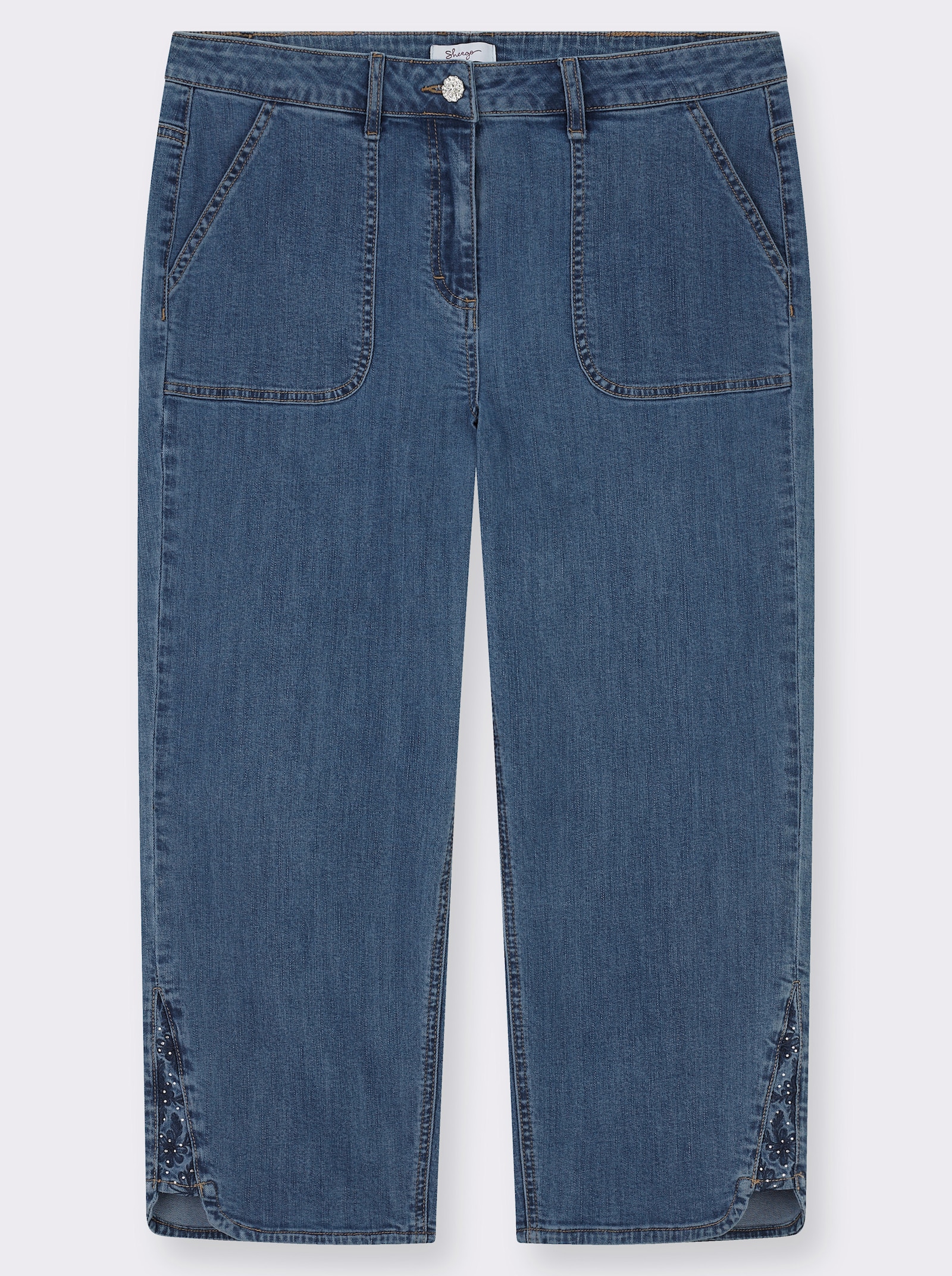 sheego 7/8-Jeans mit Stickereien und Strass am Saum - blue-stone-washed