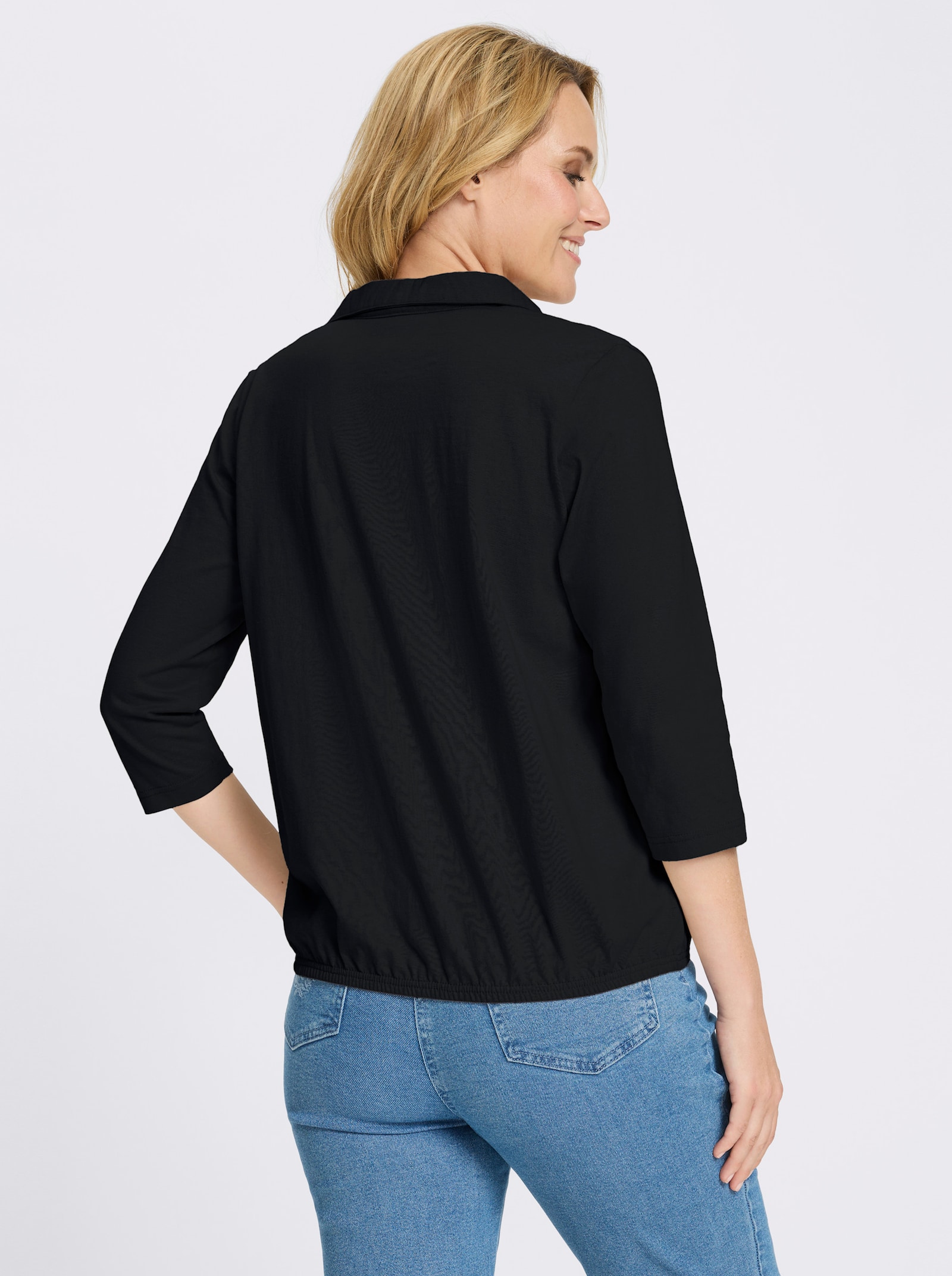 Poloshirt mit Gummizug am Saum - schwarz