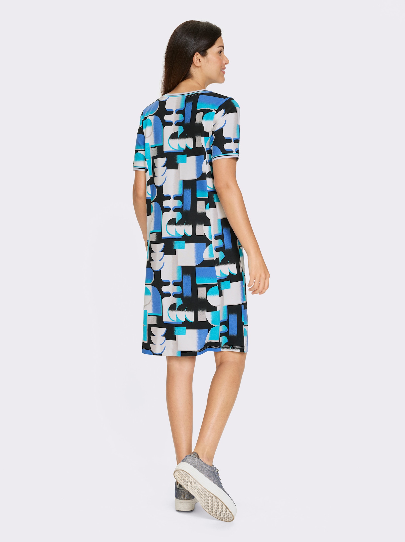 Sweatkleid in Interlock-Qualität - türkis-schwarz-bedruckt