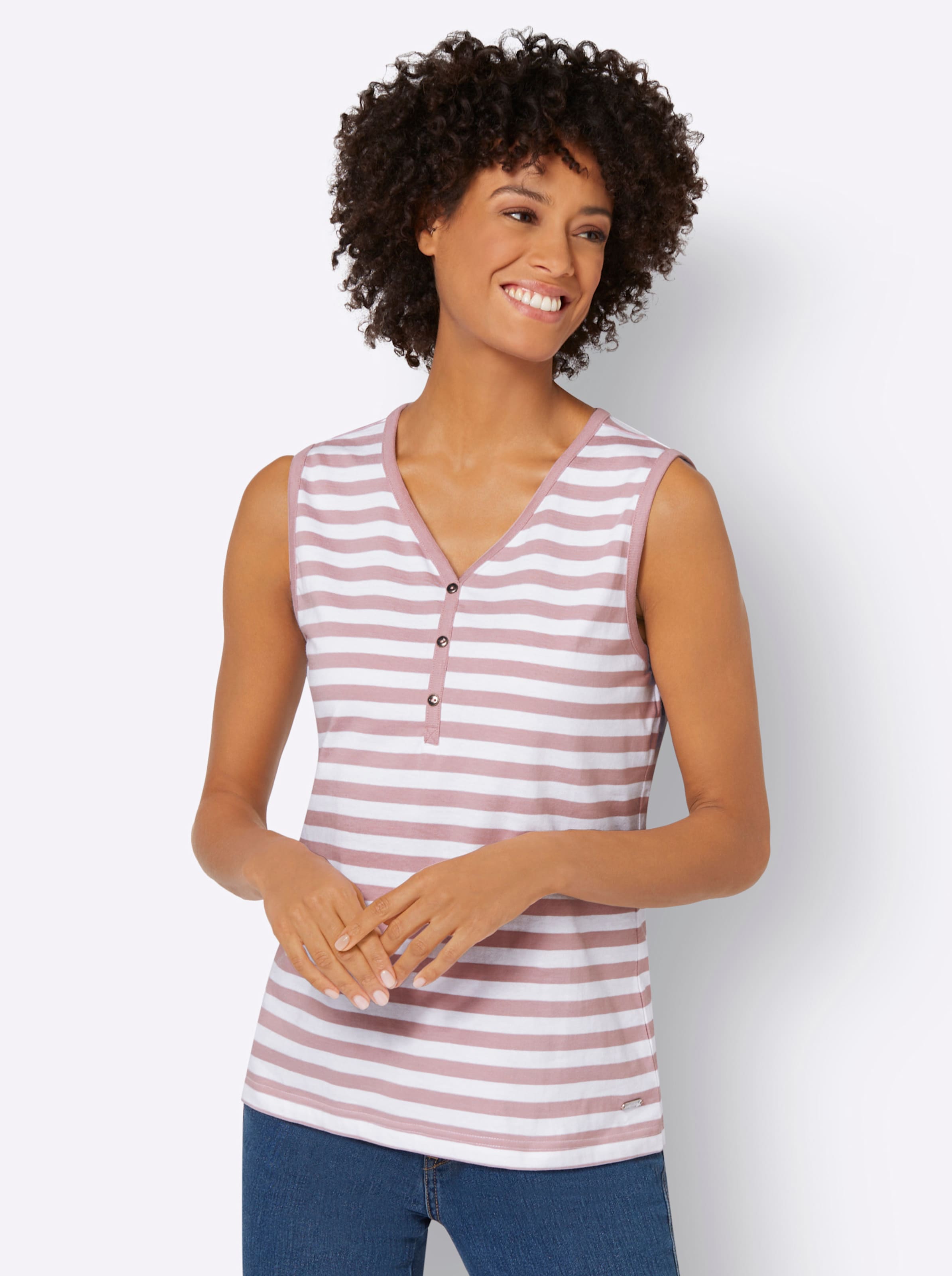 Von Ton günstig Kaufen-Shirttop in rosé-weiß-geringelt von heine. Shirttop in rosé-weiß-geringelt von heine <![CDATA[Geringeltes Shirttop mit V-Ausschnitt und kurzer, imitierte Knopfleiste. Unterstützt die Initiative Cotton made in Africa.]]>. 